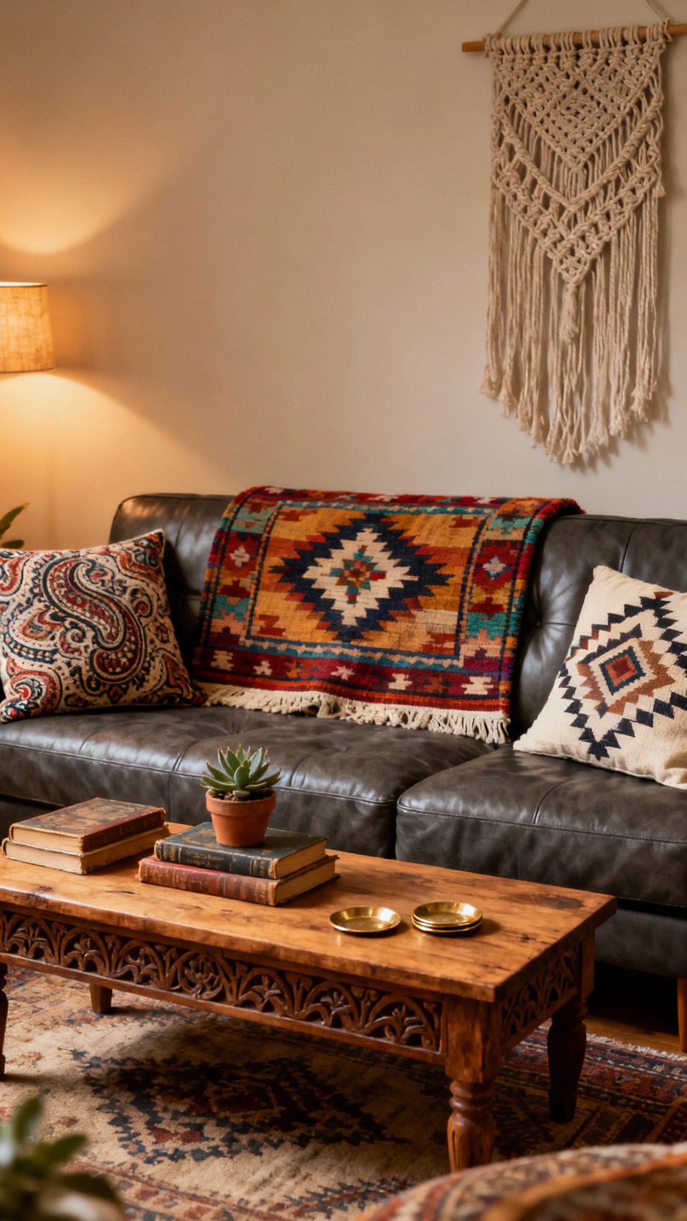 Dark Grey Couch Styling - Dark Grey Couch: Style Inspiration - Dark Grey Couch Styling - A dark grey leather couch anchors this bohemian...
