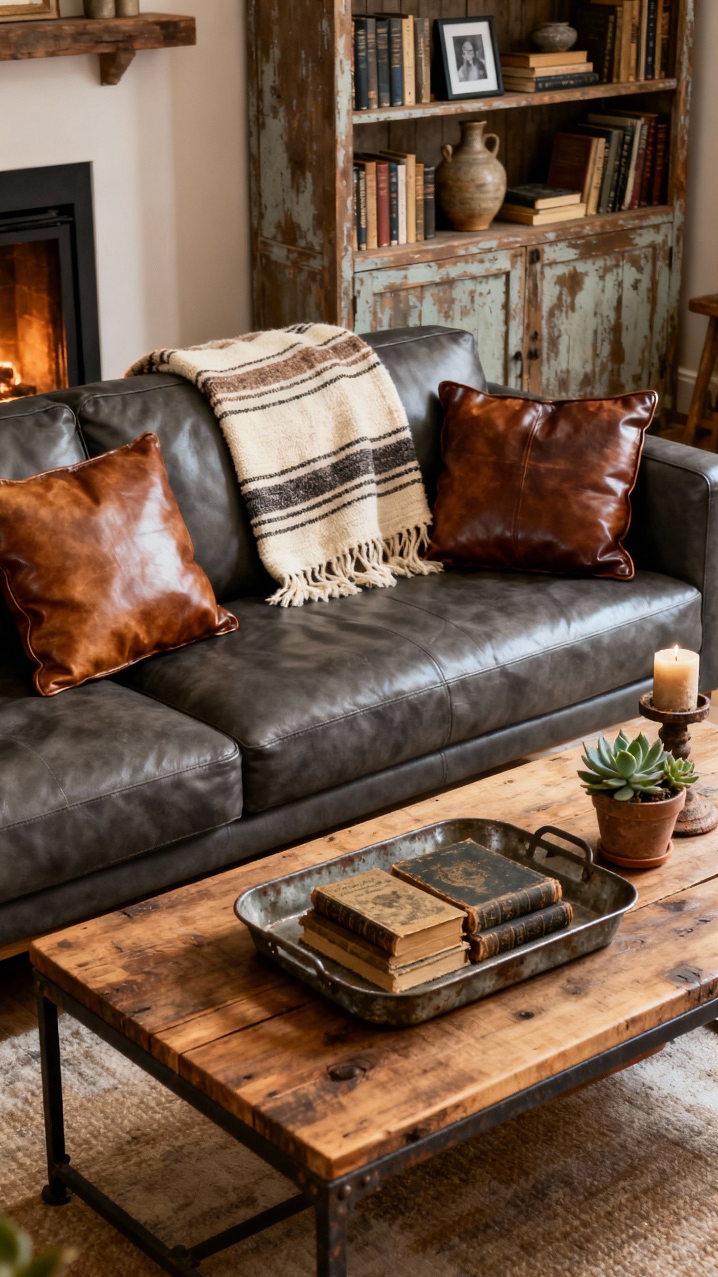 Dark Grey Couch Styling - Dark Grey Couch: Rustic-Modern Style - A dark grey leather couch anchors this rustic-modern...