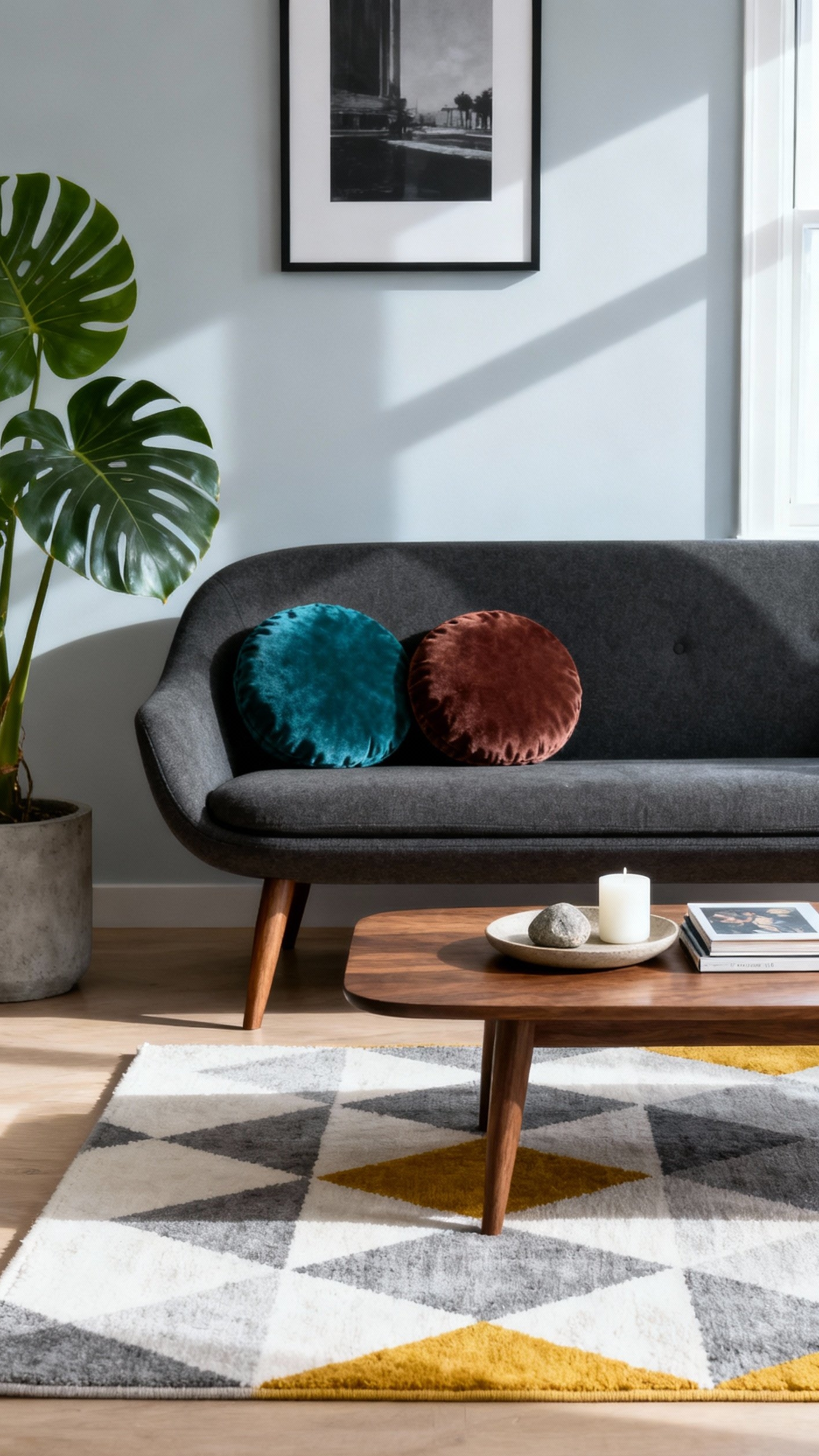 Dark Grey Couch Styling - Style a Dark Grey Couch Beautifully - A dark grey, mid-century modern couch anchors this...