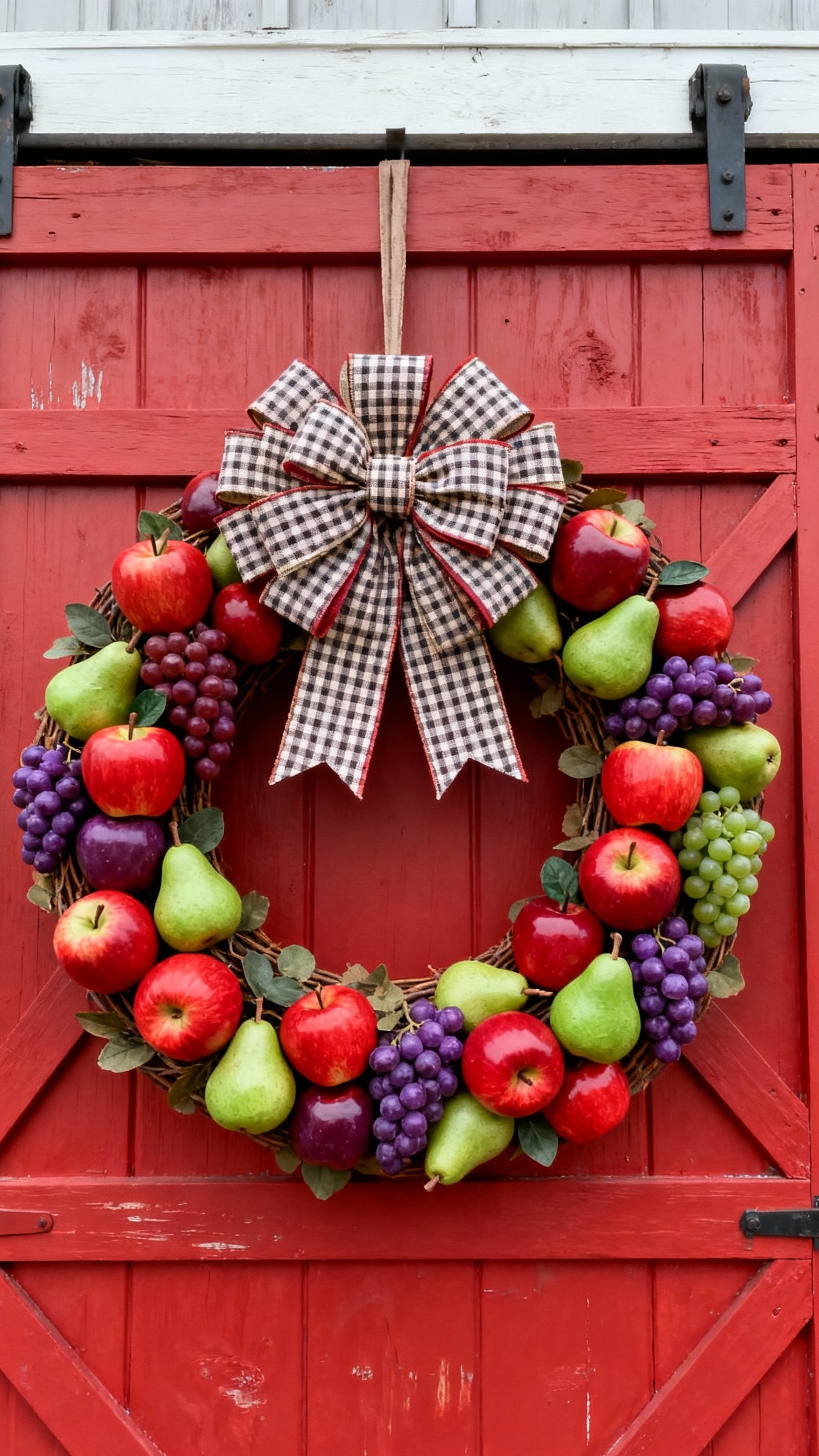 fall wreaths - Fall Wreaths: Bountiful Barn Door Decor - A vibrant fall wreath bursts with color against...
