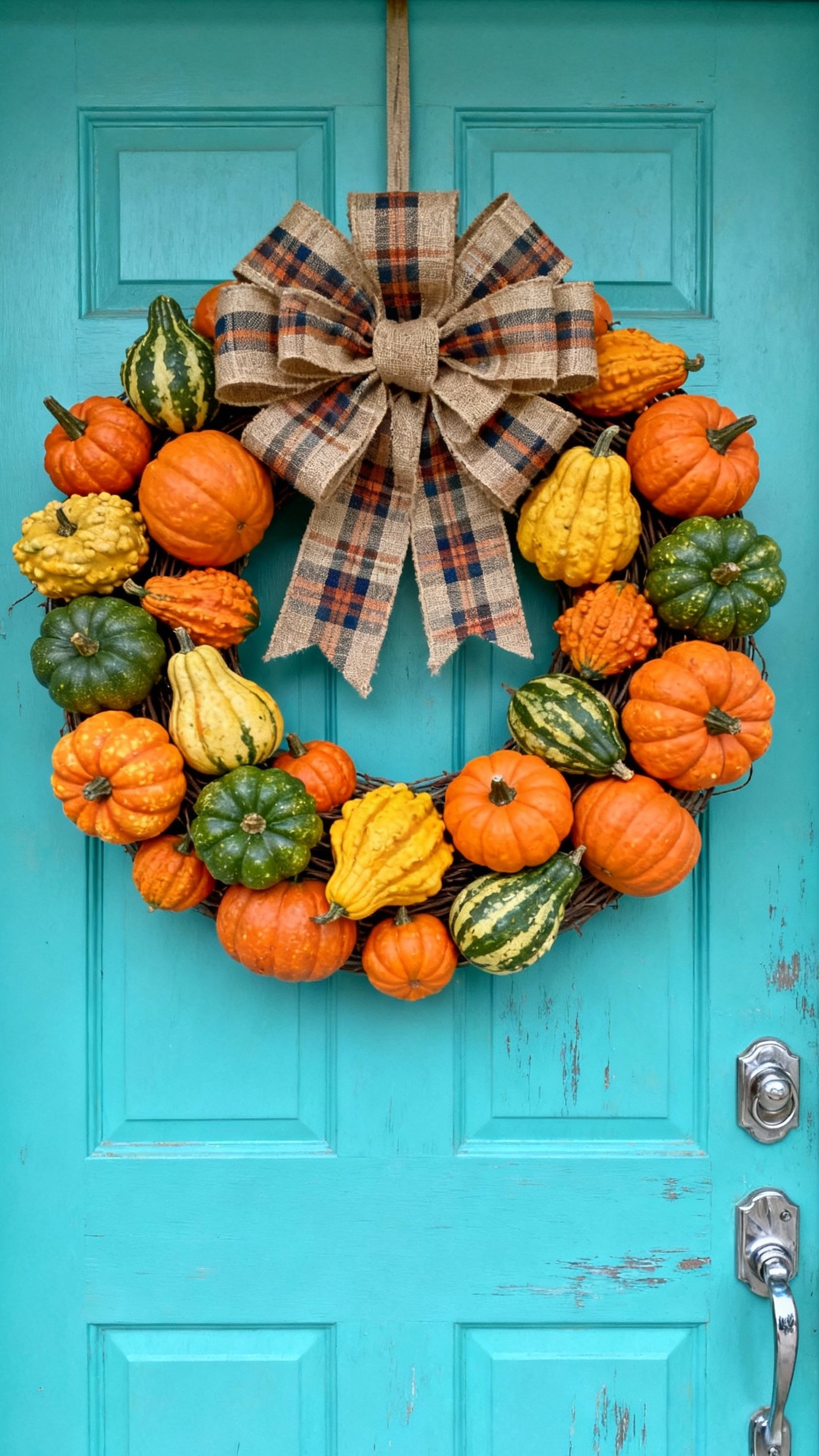 fall wreaths - Fall Wreaths: Bountiful Door Decor - A vibrant turquoise door immediately grabs your attention,...