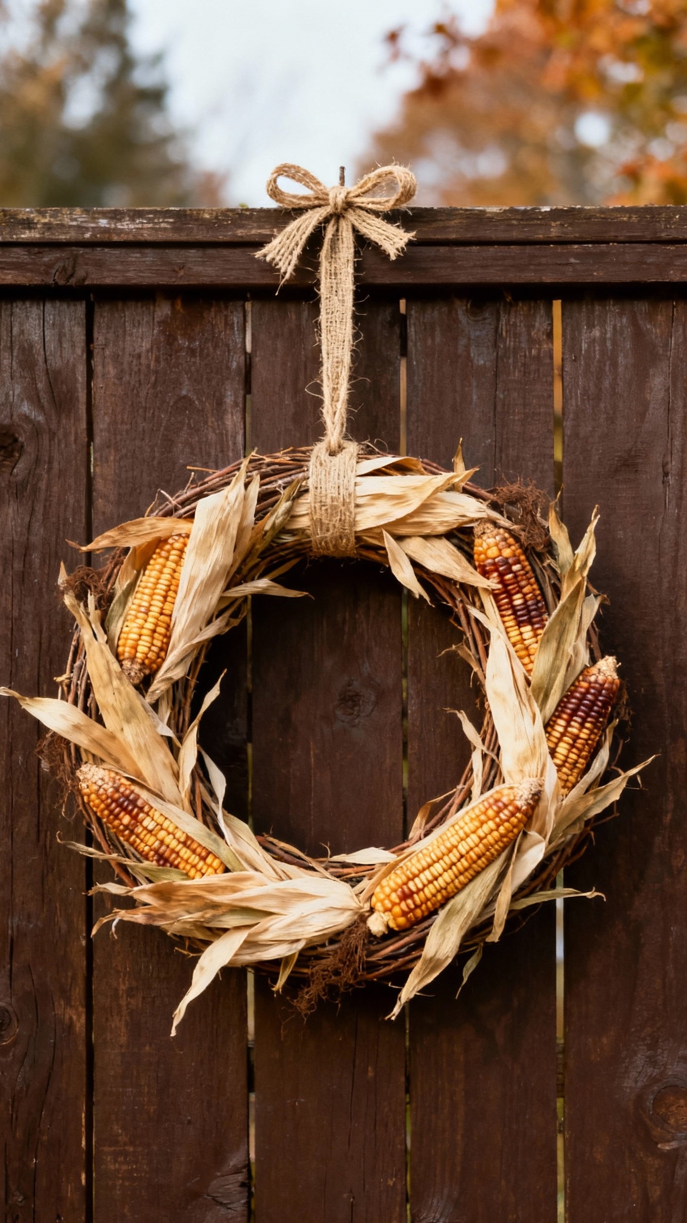 fall wreaths - Rustic Fall Wreaths: Natural Beauty - A dark brown wooden fence provides the perfect...