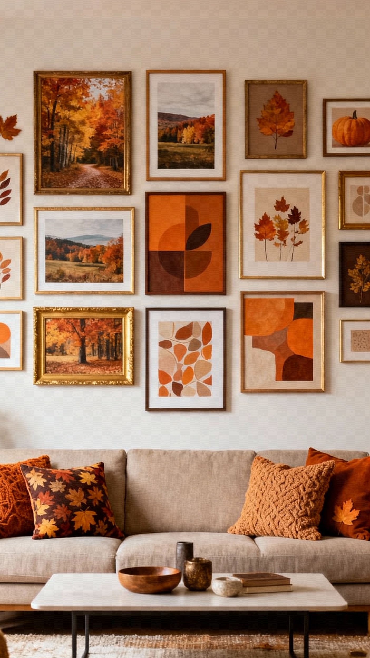 modern fall decor ideas for living room - Fall Living Room: Modern Decor Ideas - A gallery wall bursts with autumnal charm, instantly...