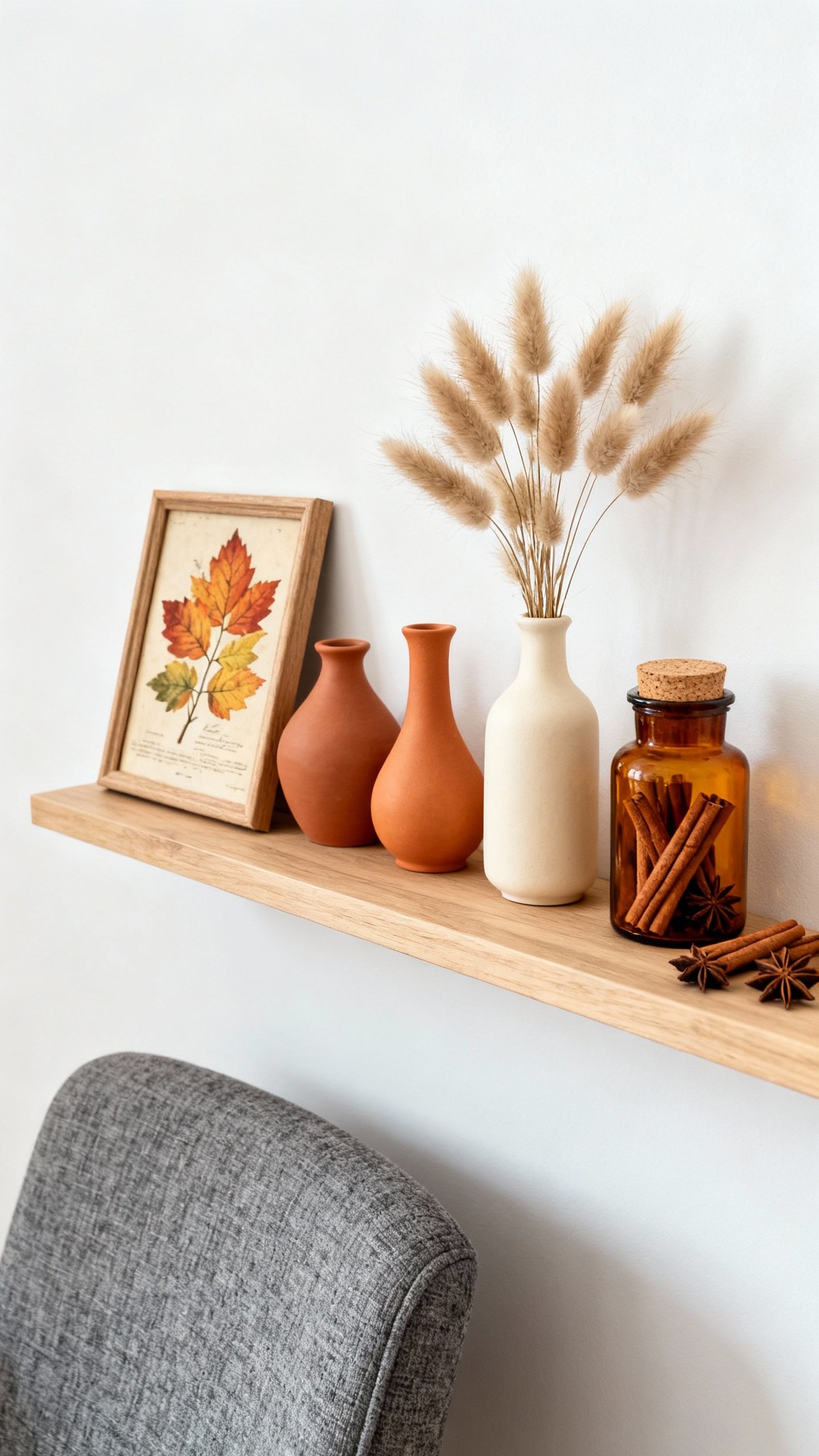 modern fall decor ideas for living room - Fall Living Room: Shelf Styling Secrets - A light oak floating shelf instantly elevates a...