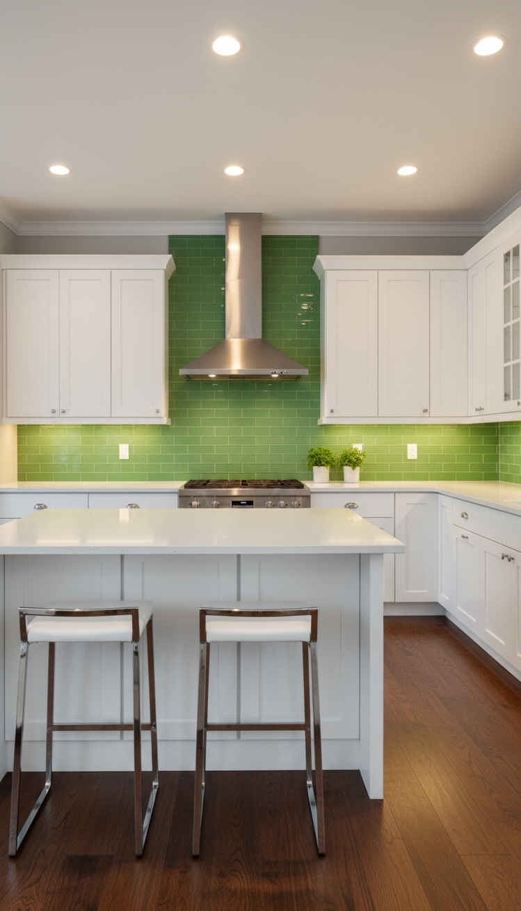 White Kitchen Ideas - White Kitchens: Green Backsplash Brilliance - Imagine stepping into this bright, airy kitchen where...