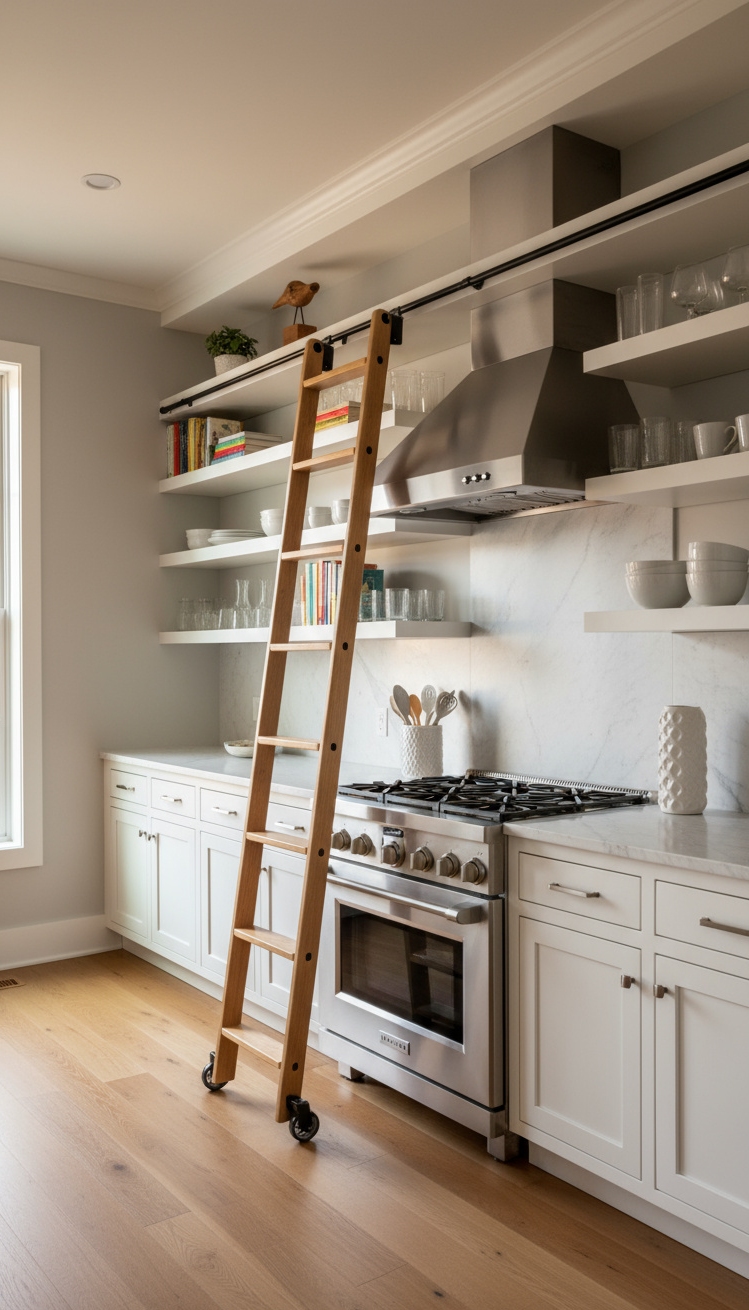 White Kitchen Ideas - White Kitchen: Open Shelves and Ladder - Imagine stepping into this bright, airy kitchen where...