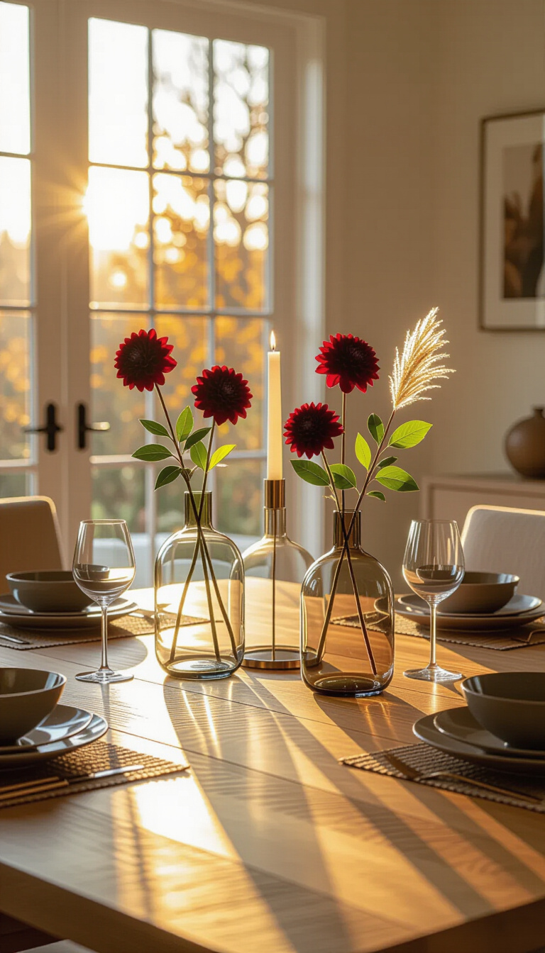 modern fall decor ideas for dining room - Fall Dining: Modern Elegance Unveiled - Golden light bathes a modern dining room, highlighting...
