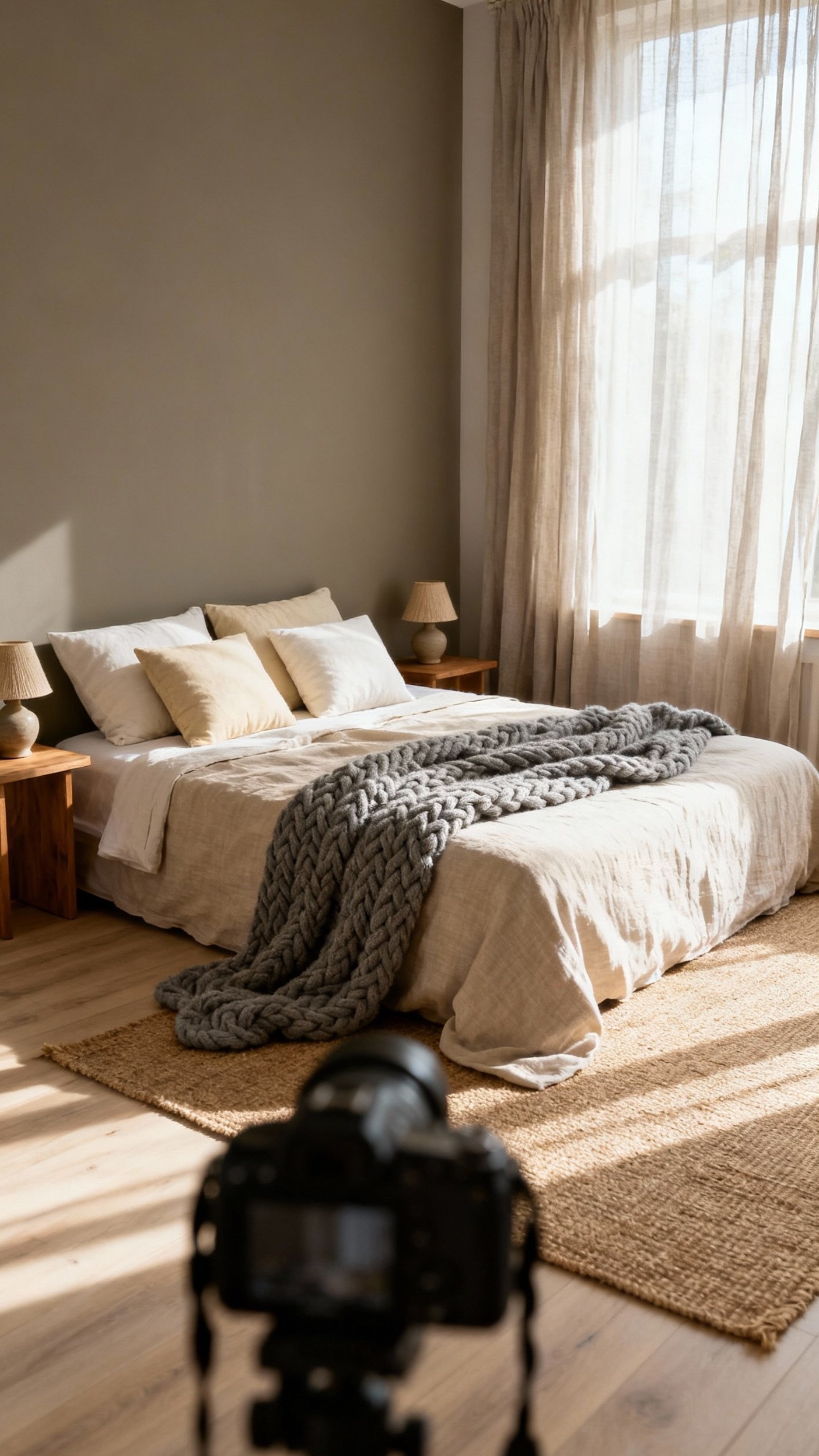 Neutral Tones Bedroom - Neutral Bedroom: Serene Simplicity in Soft Light - Sunlight streams into this minimalist bedroom, instantly creating...