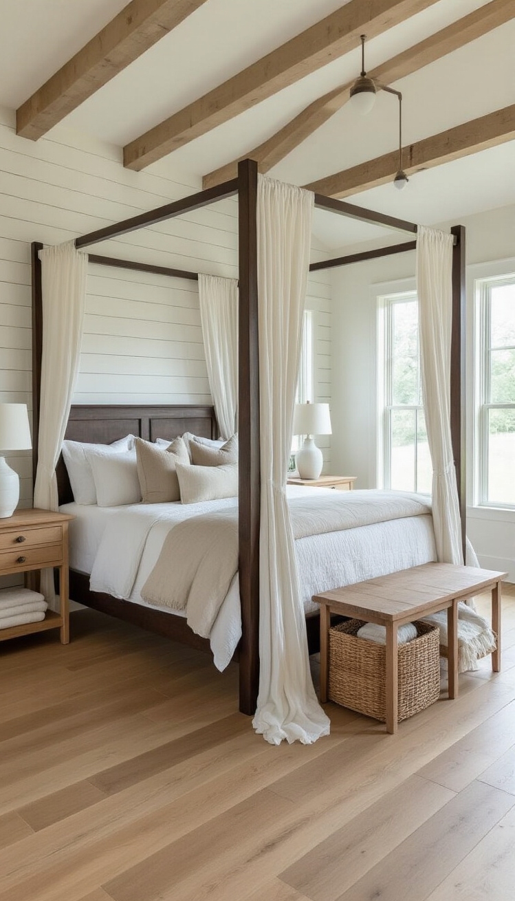 Mixing Wood Tones Bedroom - Mastering the Mixed Wood Bedroom Look - The image showcases a modern farmhouse bedroom where...