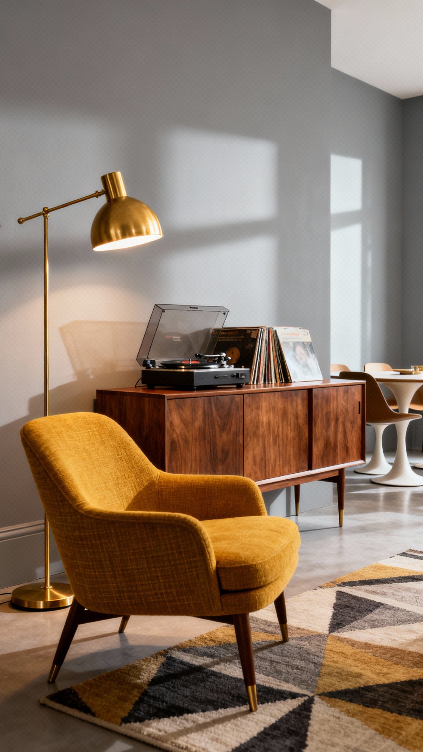 Living Room Inspo - Retro Comfort: Living Room Inspiration - A low angle showcases a seriously stylish mid-century...