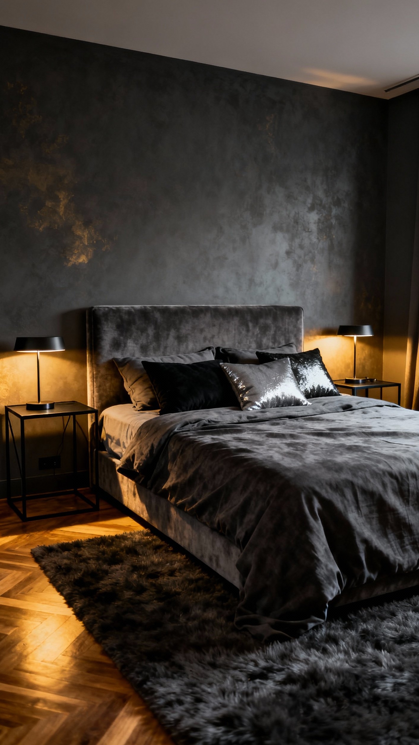 Neutral Tones Bedroom - Embrace the Dark Side: Gray Bedrooms - Dark gray walls envelop this bedroom in a...
