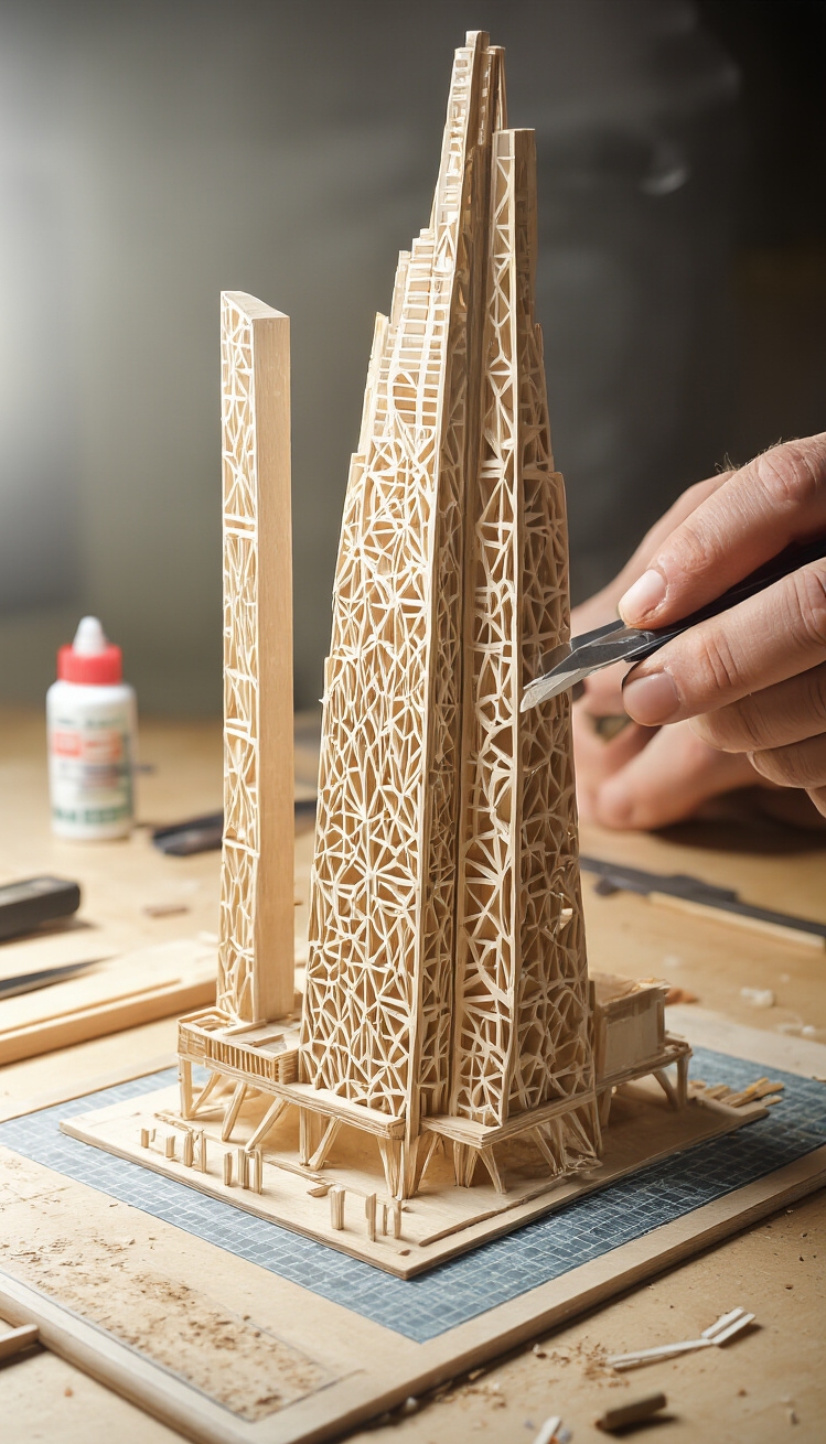 Building Graphic ideas - Crafting Visions: Architectural Model Detail - A steady hand guides a precision knife, slicing...