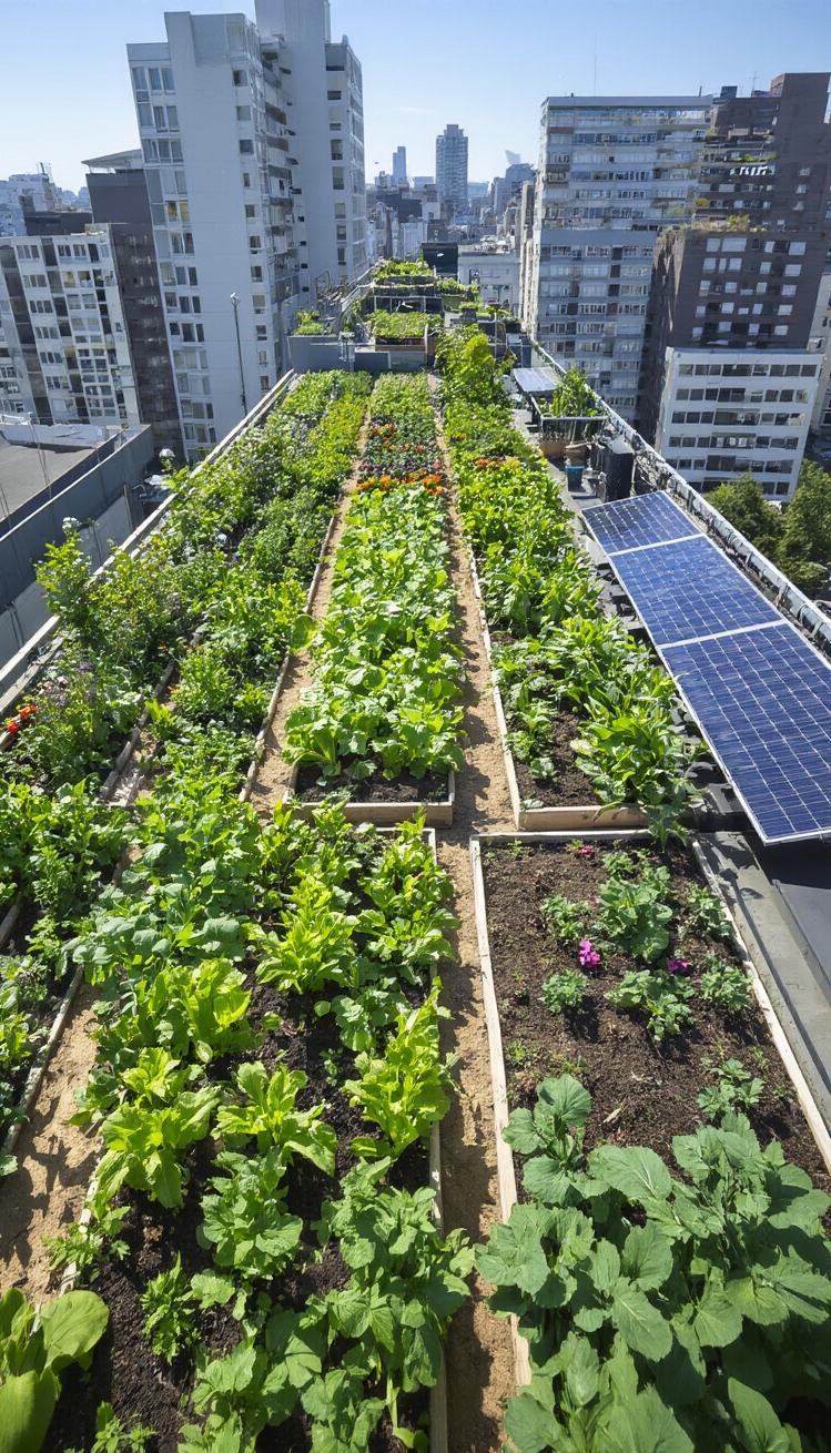 Building Graphic ideas - Urban Farms: Graphic Inspiration Blooms - Sunlight bathes a modern rooftop, transforming it into...