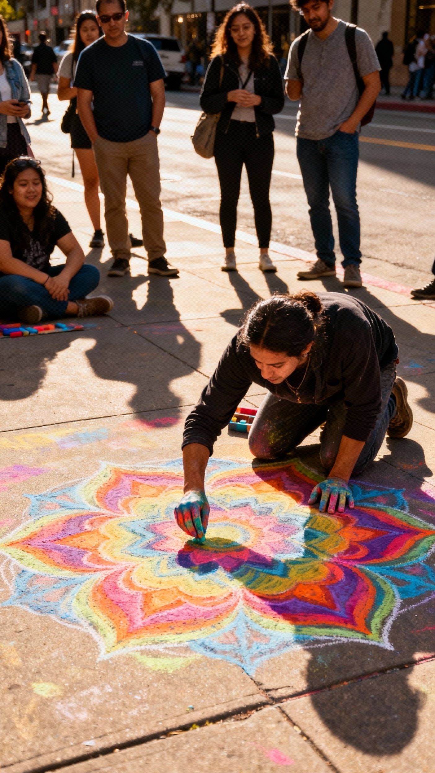 Urban City Photography - Sidewalk Canvas: Art in Motion - Sunlight bathes the sidewalk as a street artist...