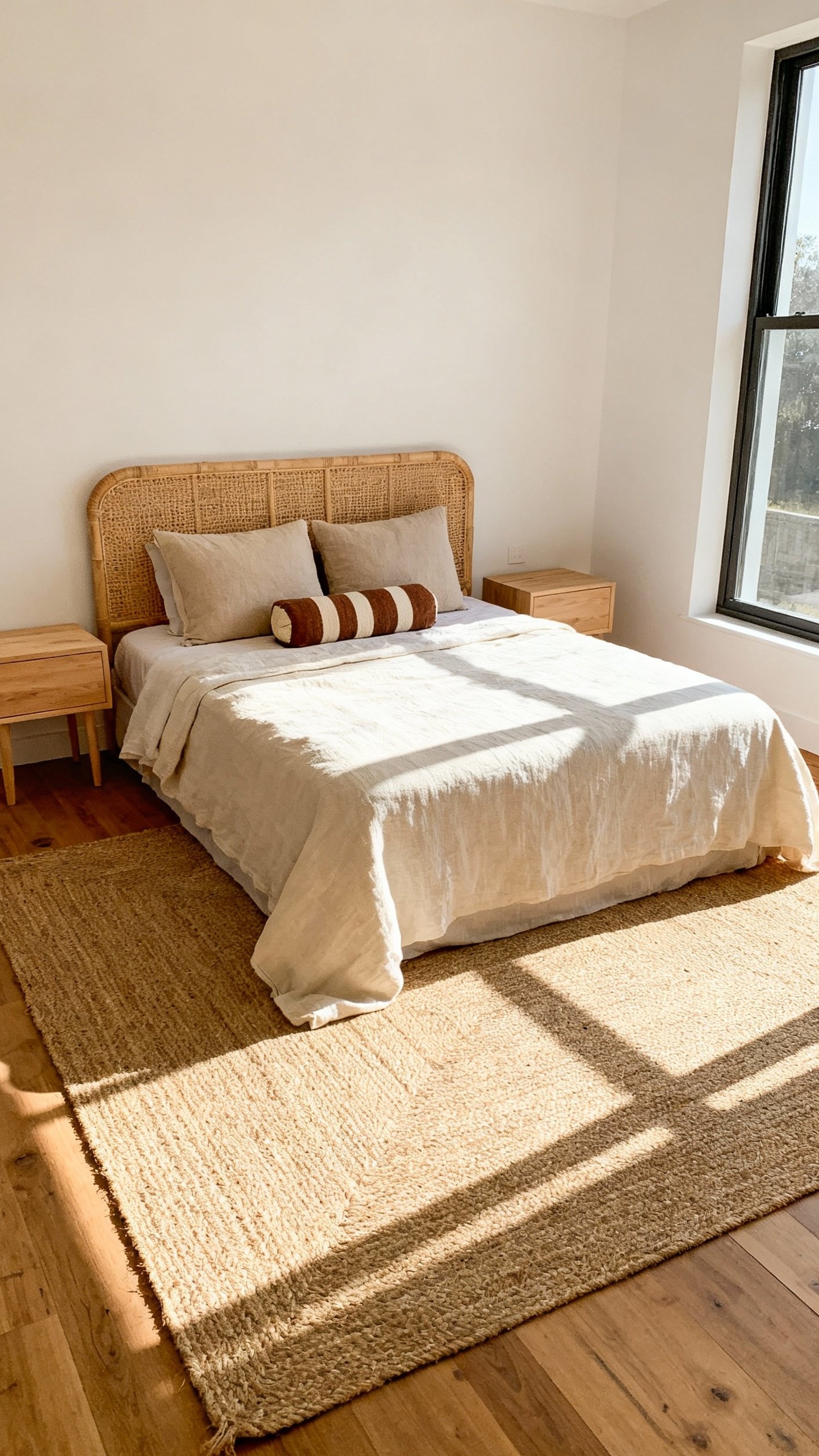 Neutral Tones Bedroom - Neutral Bedroom: Organic Calm & Style - Sunlight floods this bedroom, instantly creating a serene...