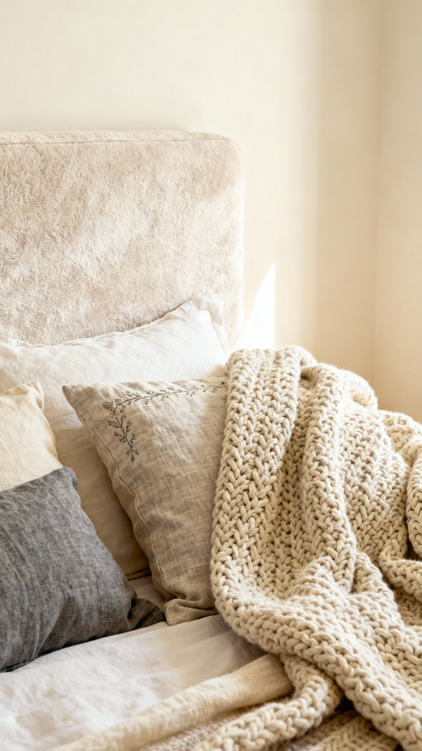 Neutral Tones Bedroom - Neutral Bedroom: Texture and Tranquility - Soft light spills across this neutral bedroom, immediately...