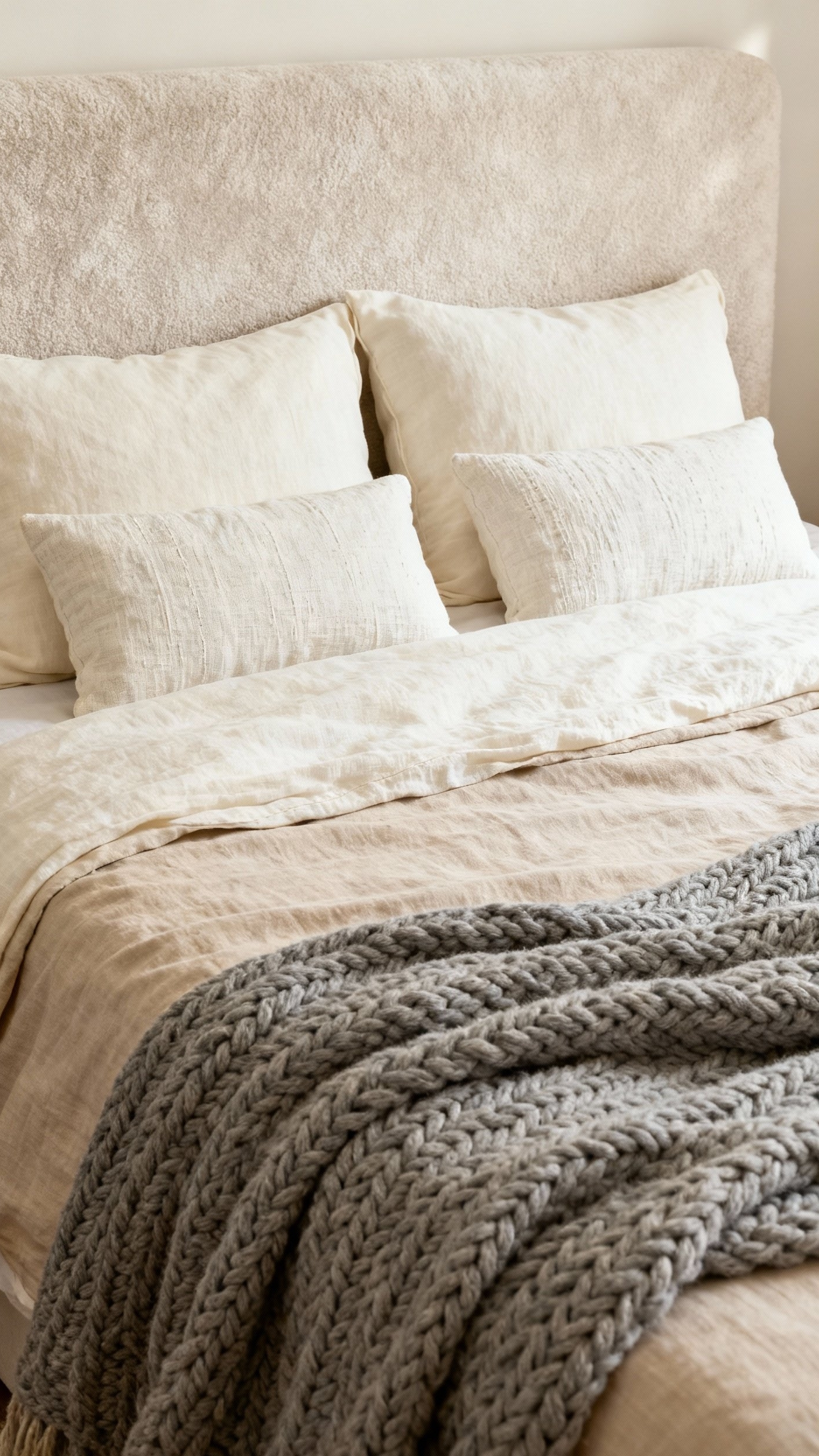Neutral Tones Bedroom - Neutral Bedroom: Layered Textures & Serenity - Soft light washes over this inviting neutral bedroom,...