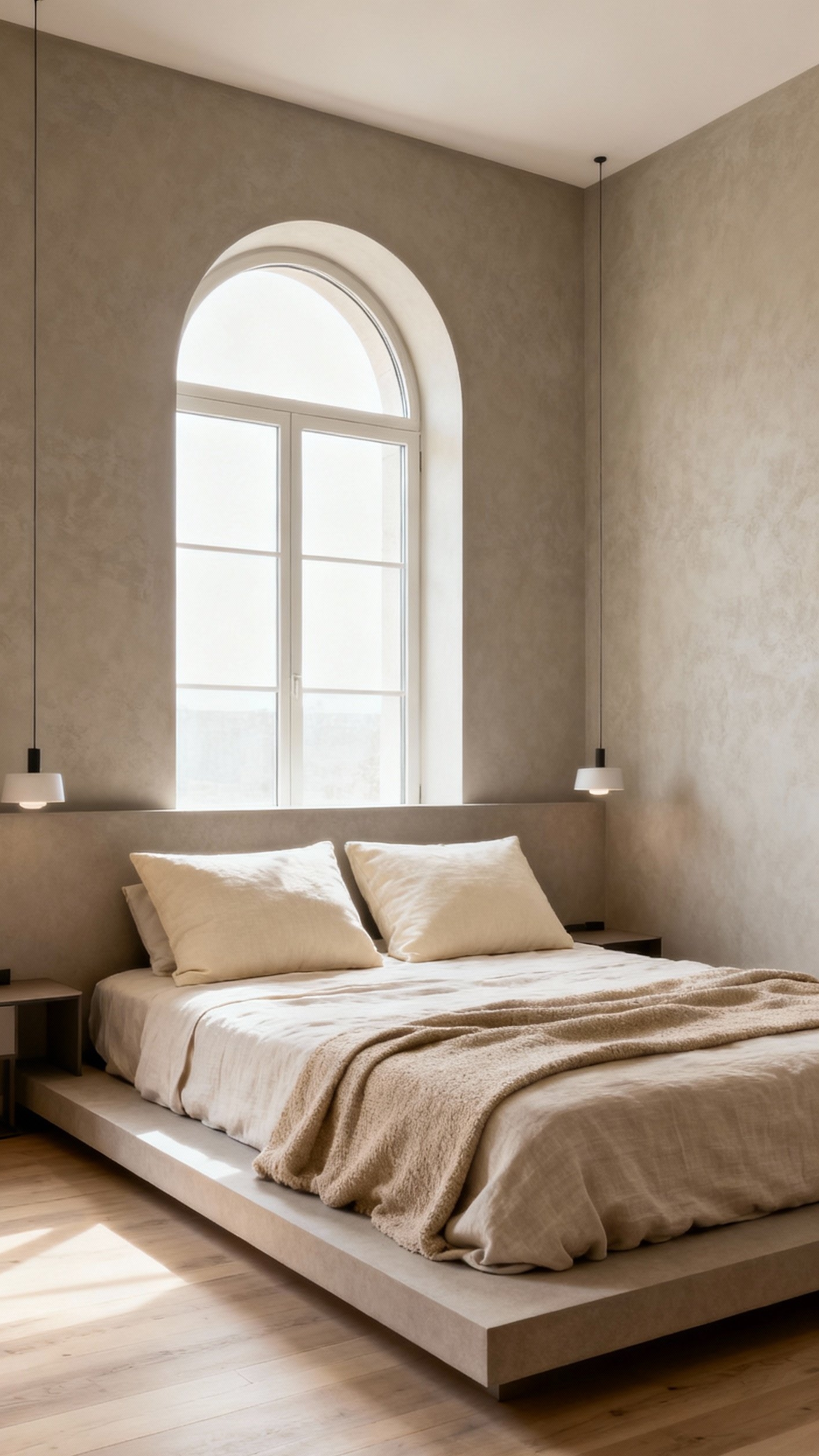 Neutral Tones Bedroom - Neutral Bedroom: Architectural Harmony & Light - Sunlight streams through a grand, arched window, illuminating...