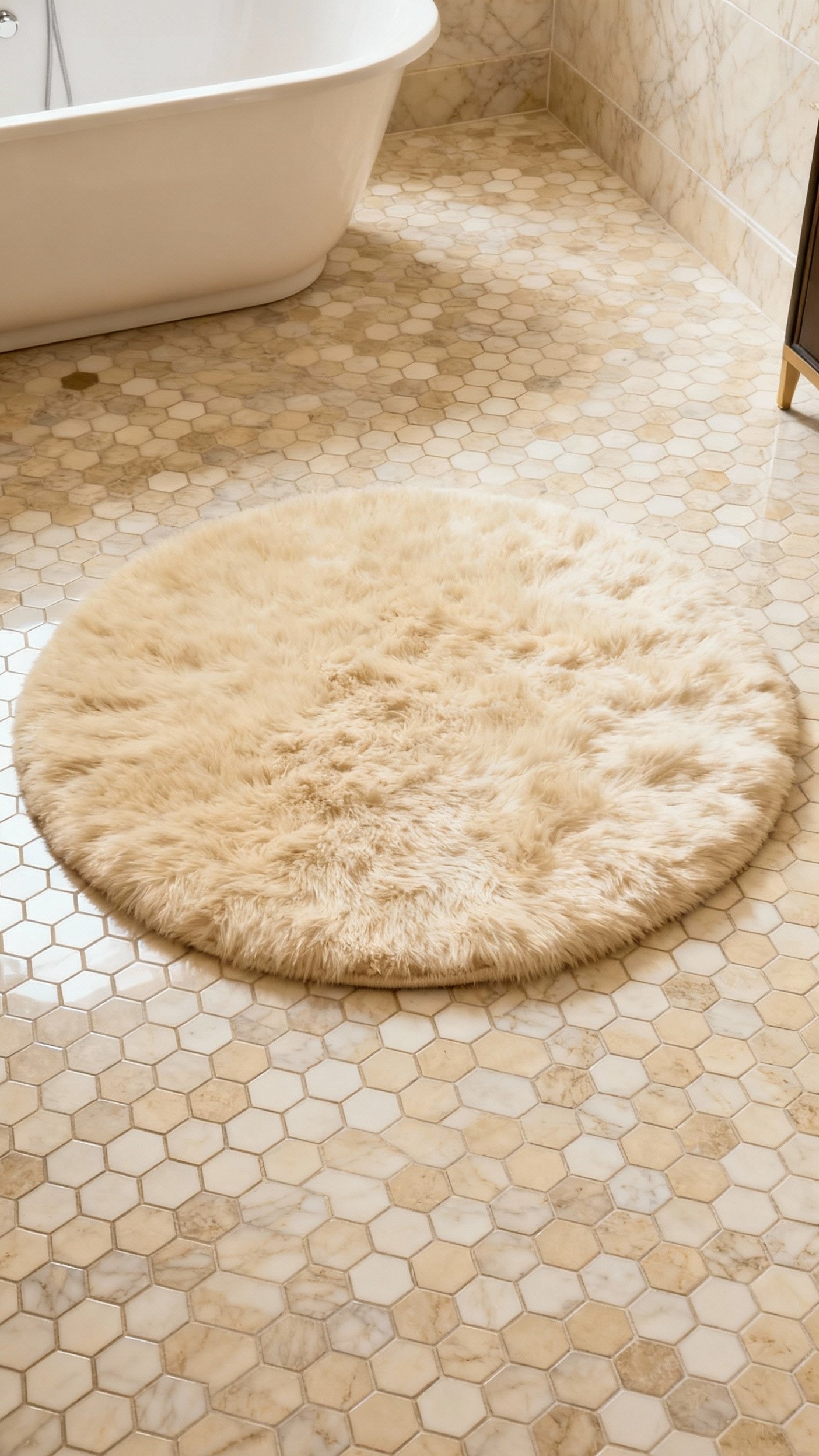Beige marble bathroom - Beige Marble Bathrooms: A Subtle Statement - Beige marble unfolds across this bathroom floor in...