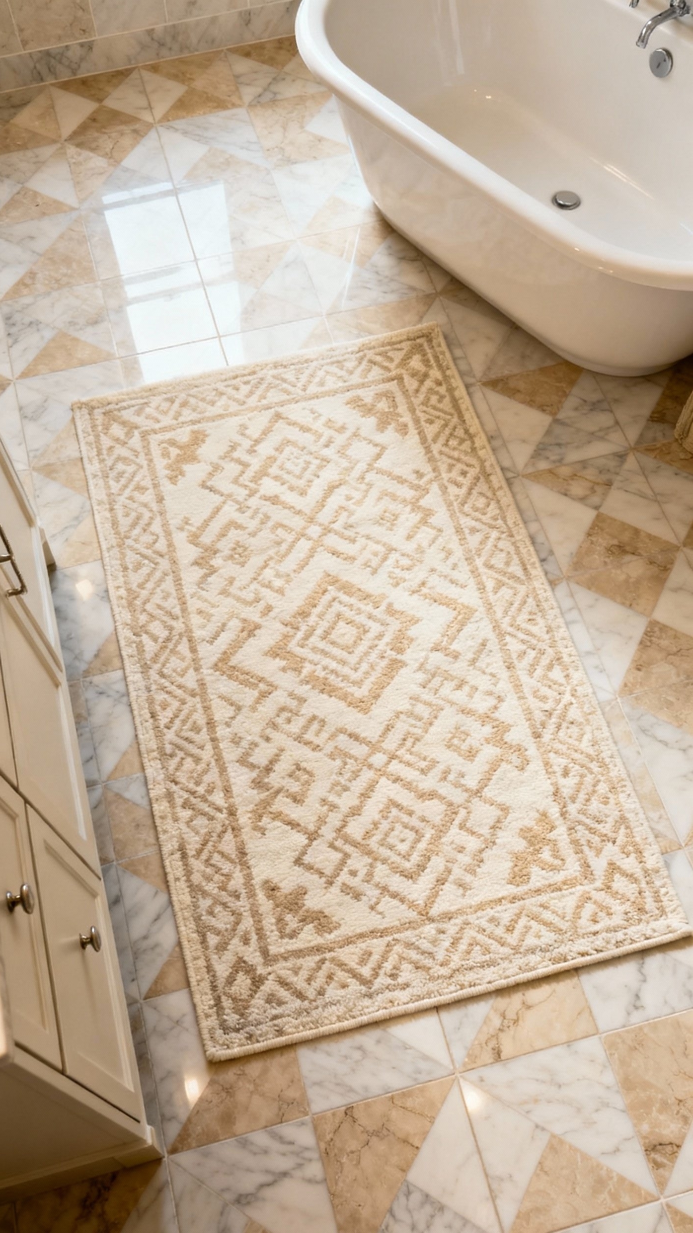 Beige marble bathroom - Beige Marble Bathrooms: A Timeless Elegance - Beige marble bathroom - Beige marble tiles create a stunning geometric dance...