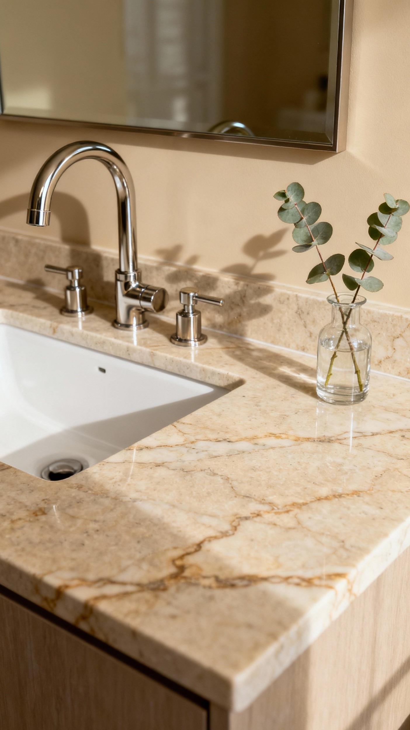 Beige marble bathroom - Beige Marble: A Bathroom Sanctuary - Honed beige marble graces this bathroom vanity, its...