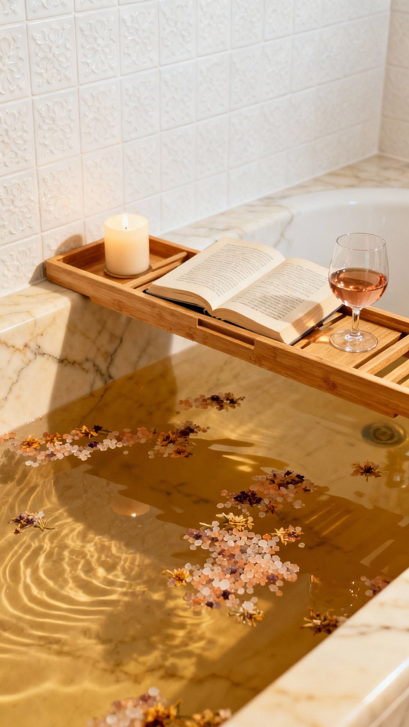 Beige marble bathroom - Beige Marble: A Luxurious Bath Escape - Warm water fills a luxurious beige marble bathtub,...
