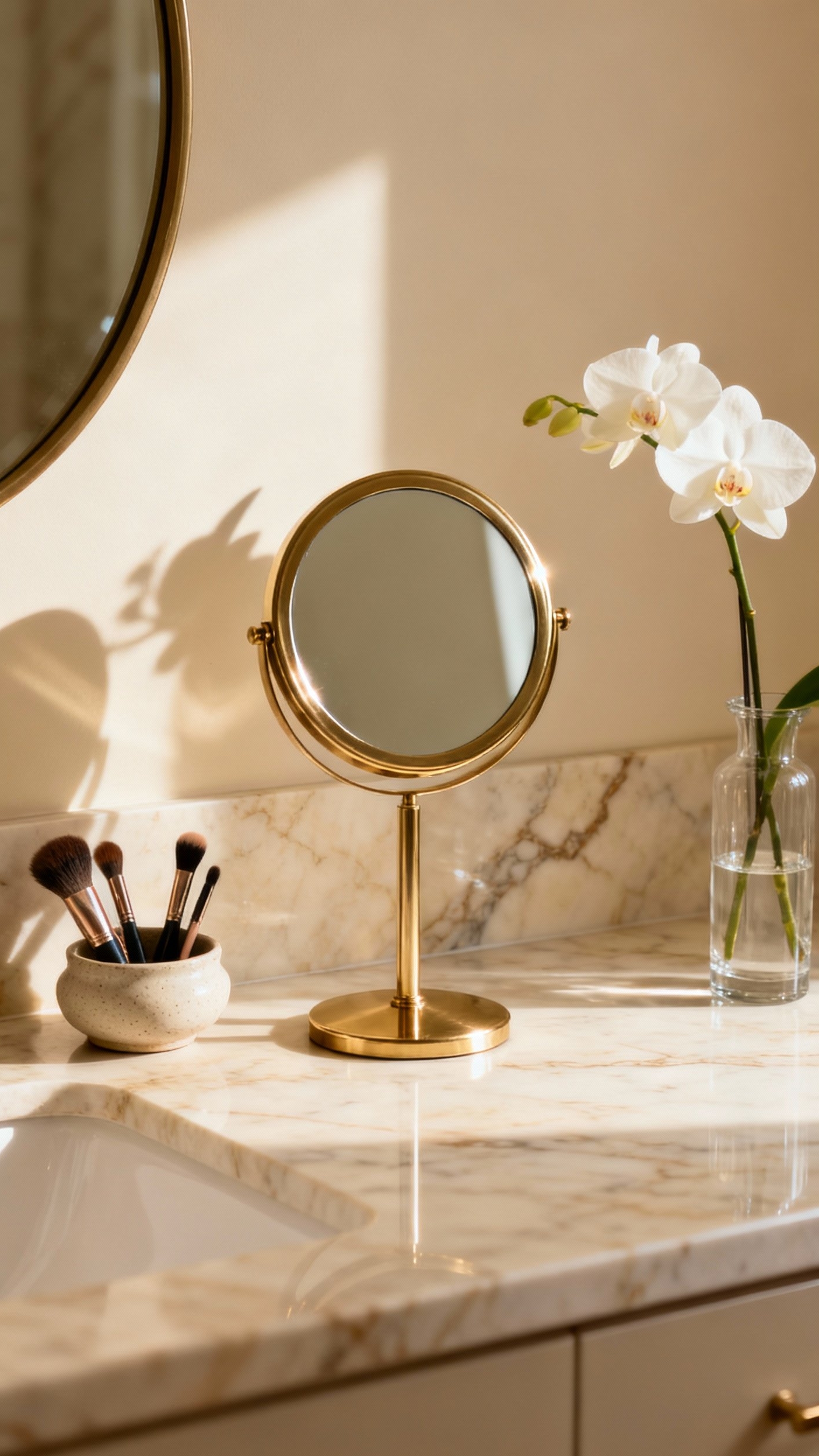 Beige marble bathroom - Beige Marble: Serene Bathroom Details - Beige marble bathroom - Beige marble flows across the countertop, offering a...