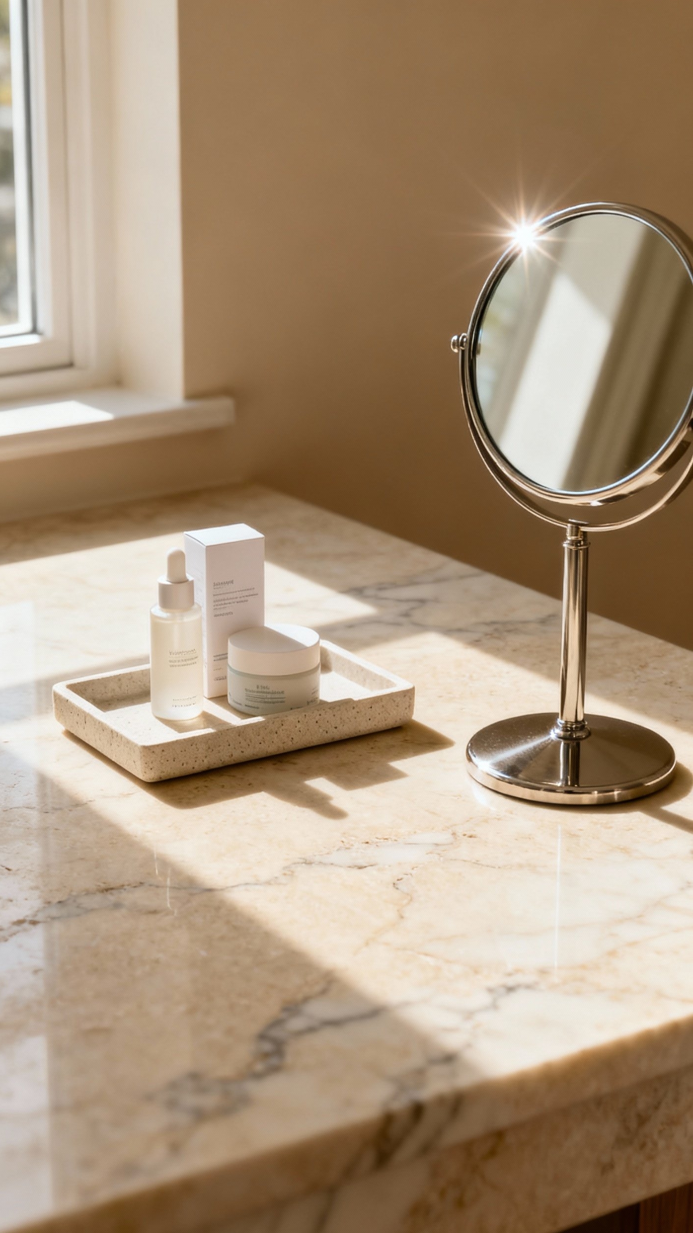 Beige marble bathroom - Beige Marble: Serene Bathroom Sanctuary - Honed beige marble stretches across the countertop, its...