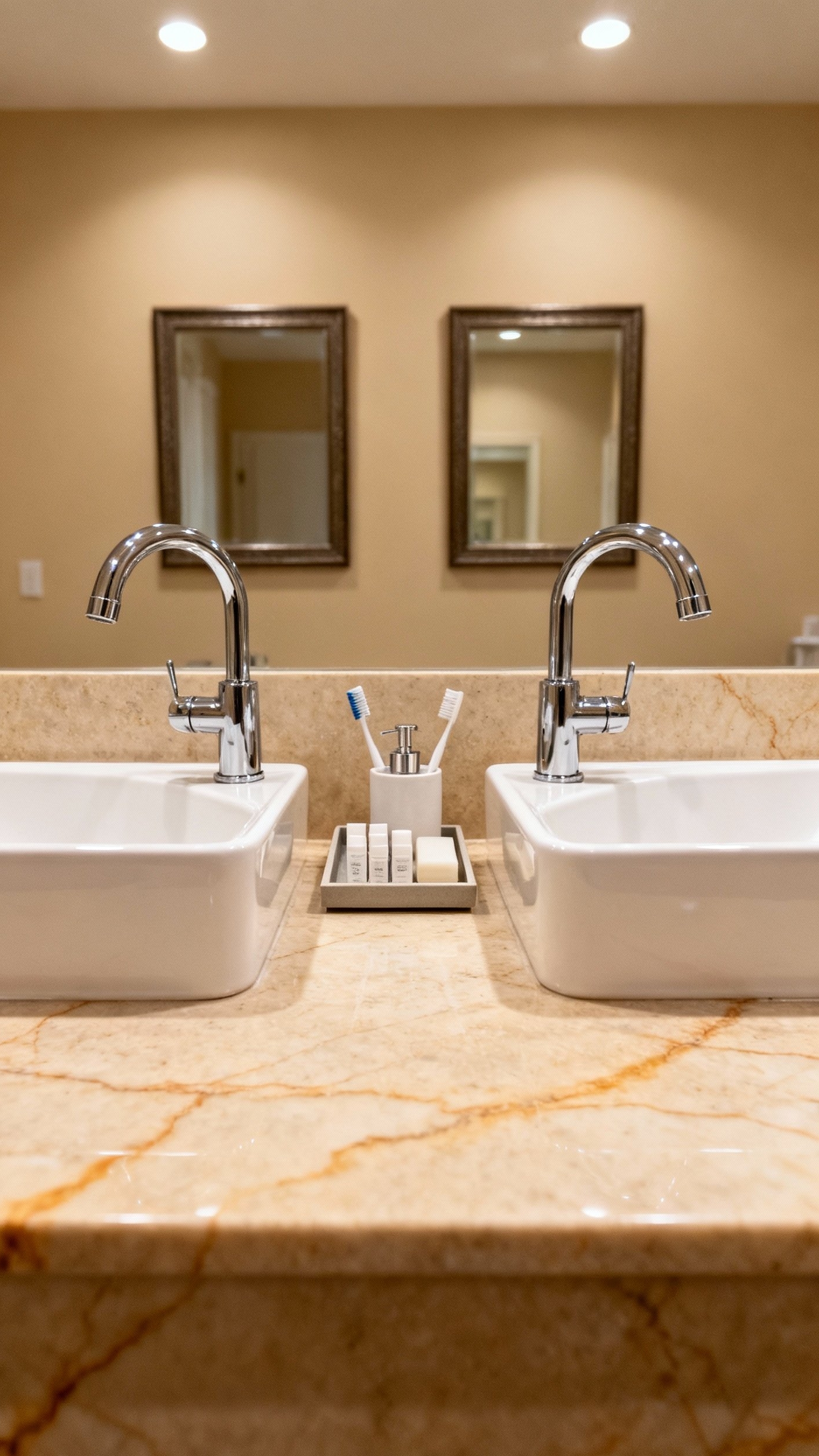 Beige marble bathroom - Beige Marble: Warmth and Subtle Luxury - Honed beige marble sweeps across this double vanity,...