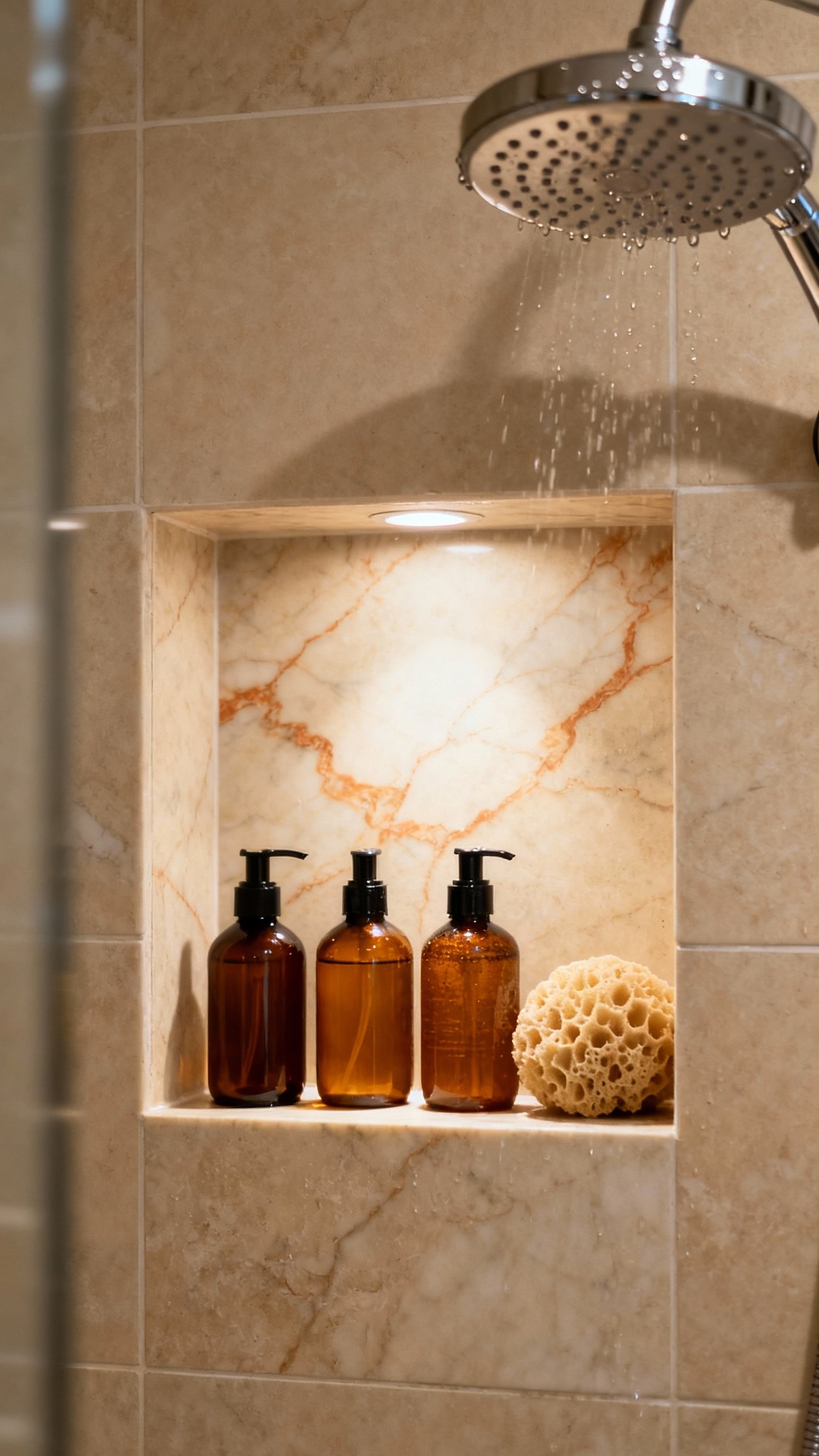 Beige marble bathroom - Beige Marble: A Shower Niche Story - The honed beige marble in this shower niche...