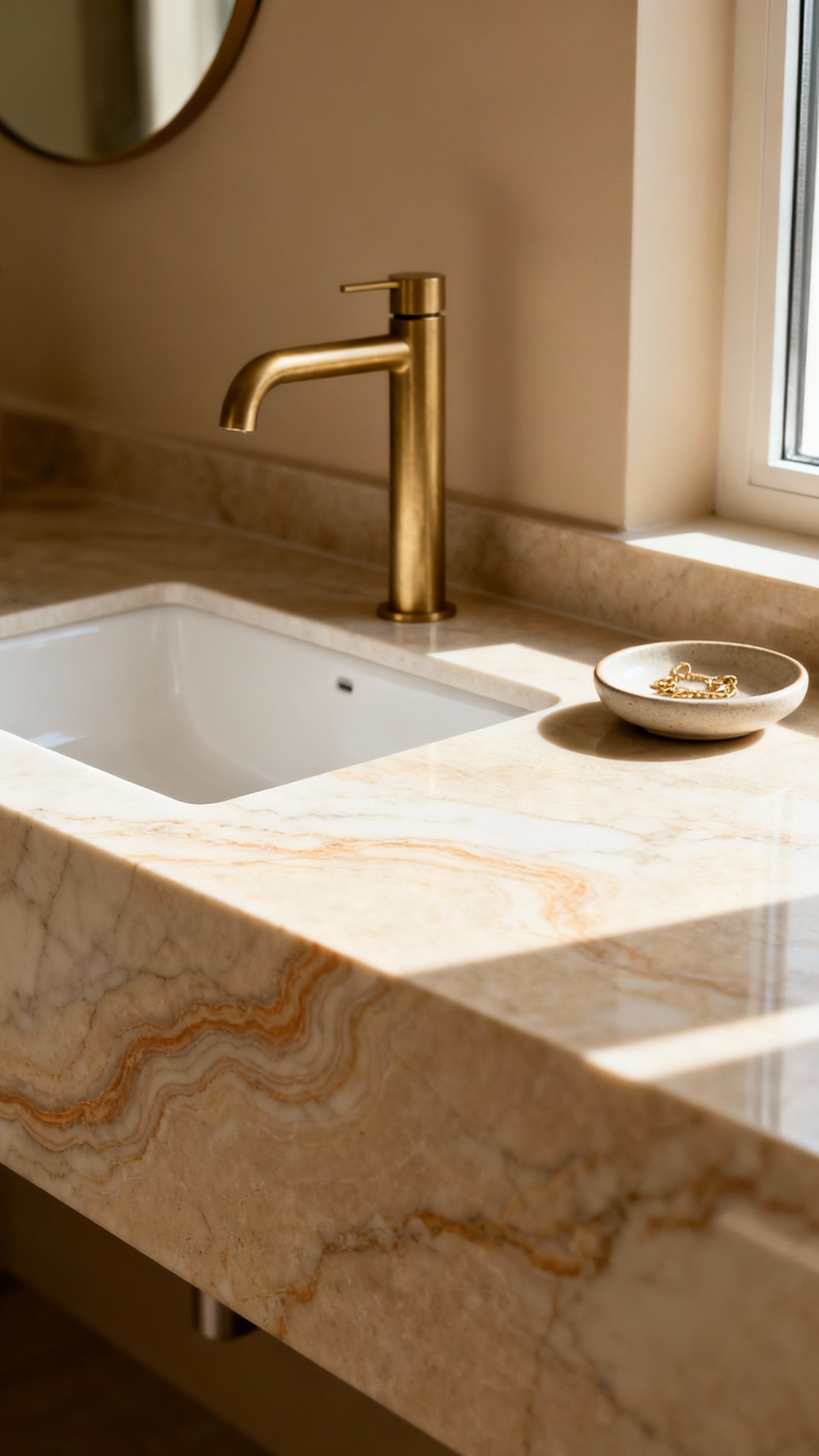 Beige marble bathroom - Beige Marble: Warmth and Subtle Luxury - Beige marble bathroom - Beige marble unfolds in a honed finish, revealing...