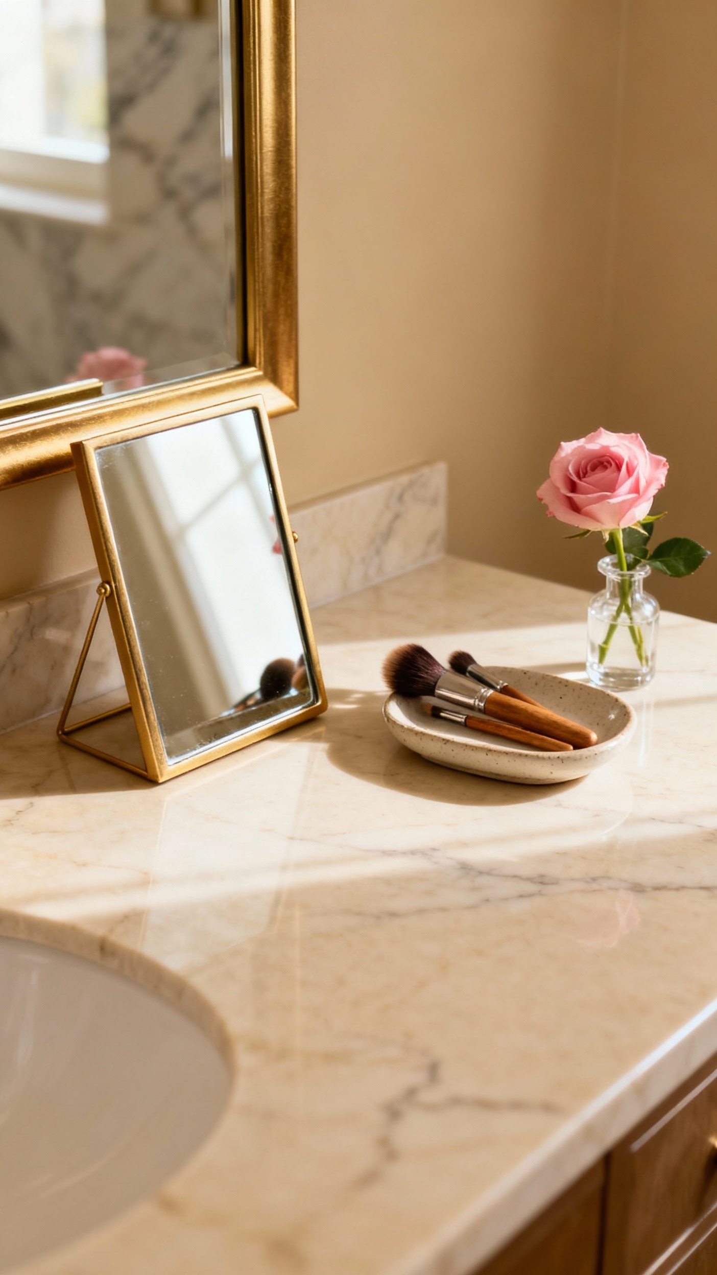 Beige marble bathroom - Beige Marble: A Bathroom Oasis - The camera captures a serene moment on a...