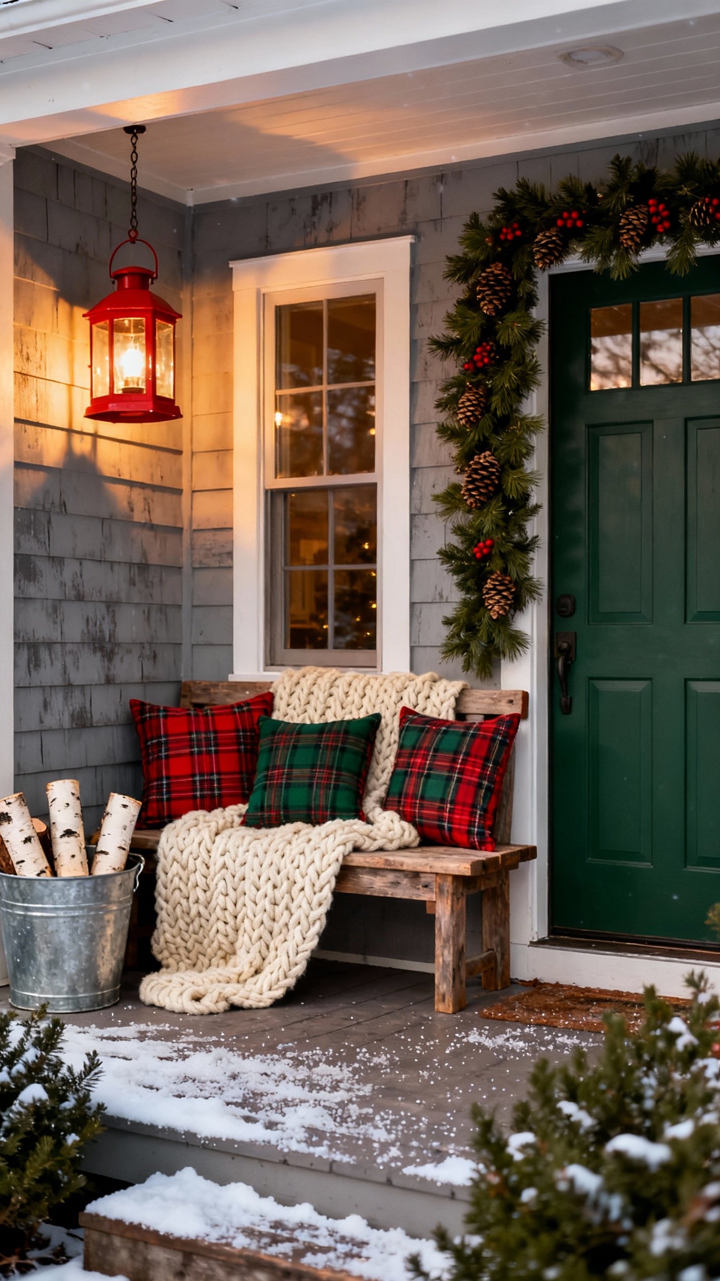 christmas porch decor ideas - Cozy Christmas Porch Decor Ideas - christmas porch decor ideas - Dusk settles on this farmhouse porch, creating a...