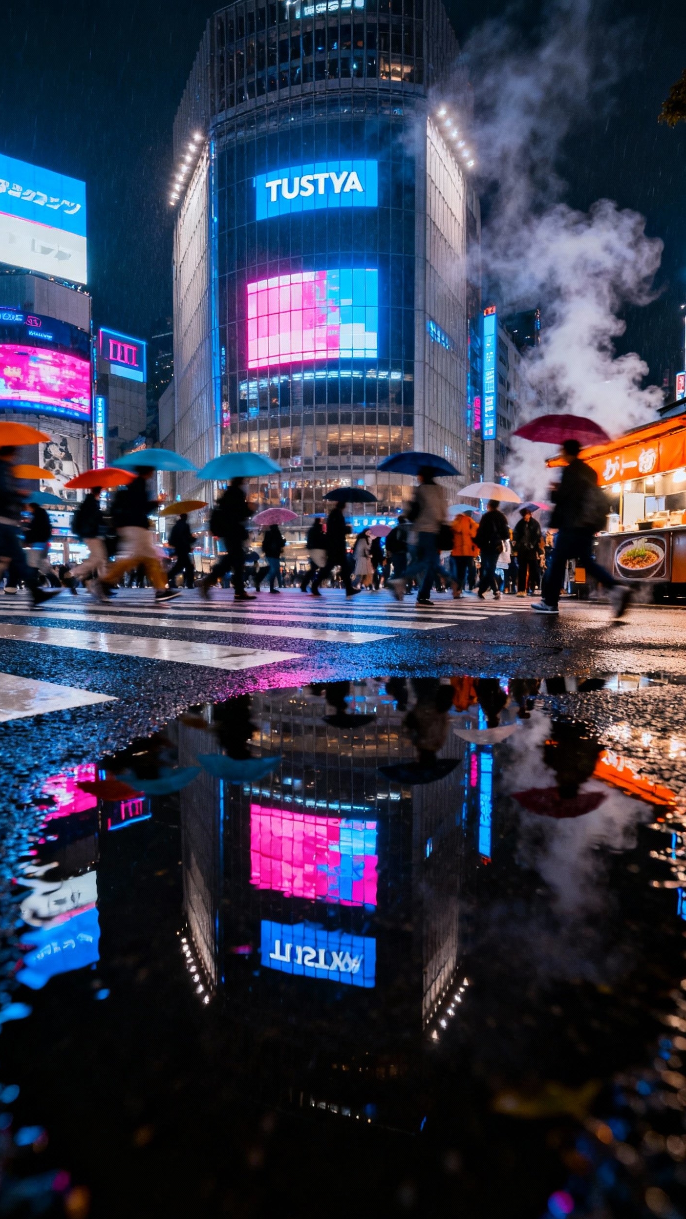 Urban City Photography - Tokyo Nights: Urban Reflections Ablaze - Rain slicks the Shibuya crossing in Tokyo, transforming...