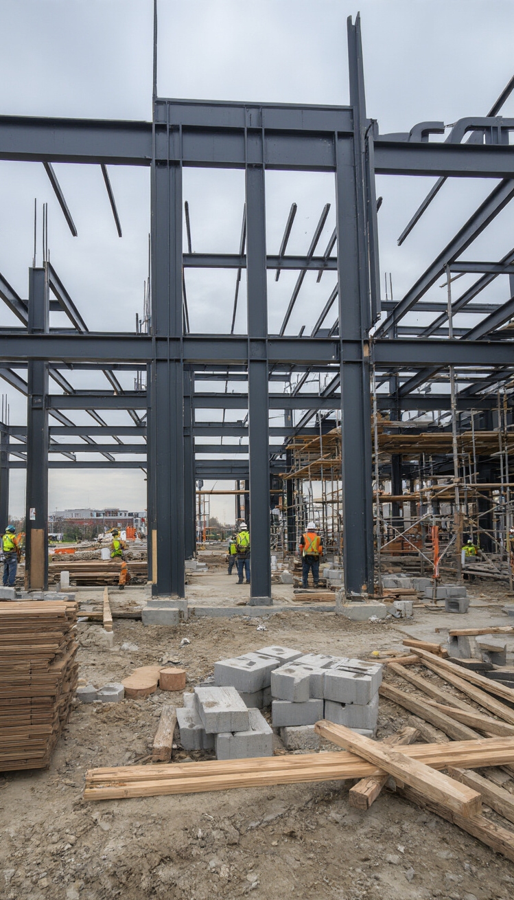 Building Graphic ideas - Constructing Visuals: Building Graphic Ideas - The steel skeleton of a building claws skyward,...