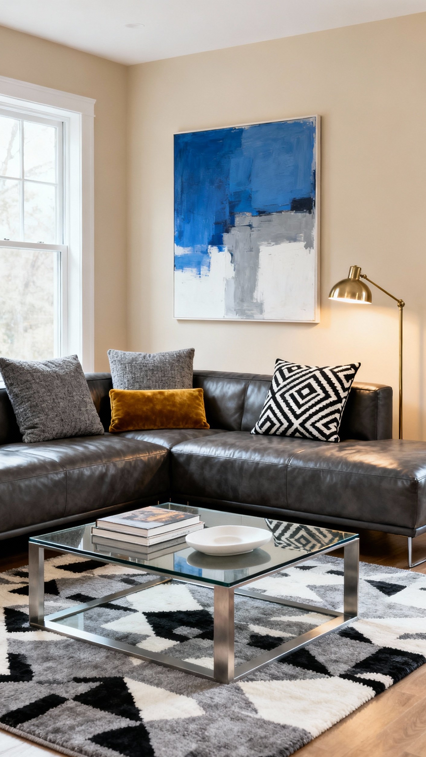 Dark Grey Couch Styling - Style a Dark Grey Couch - A dark grey, leather sectional anchors this contemporary...