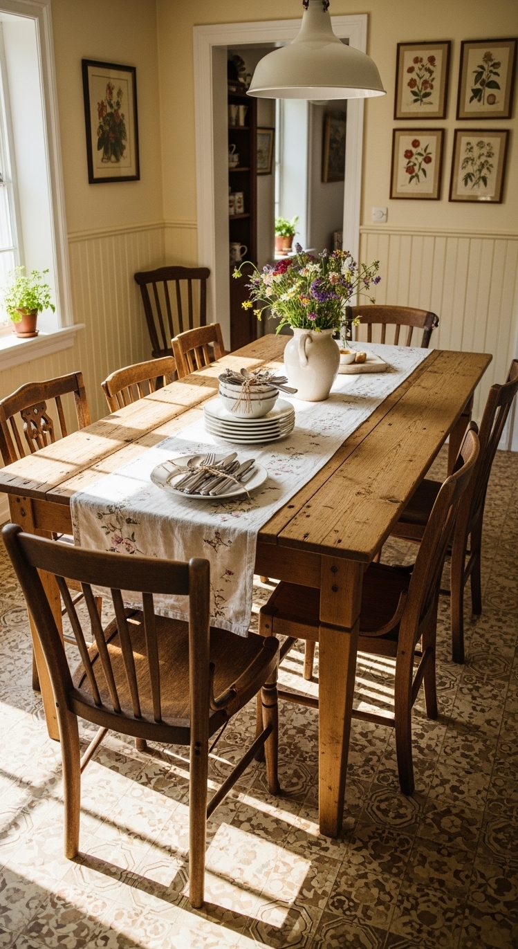 Country Kitchen Design - Country Kitchen: Mismatched Charm & Reclaimed Wood - Sunlight spills into this country kitchen's dining space,...