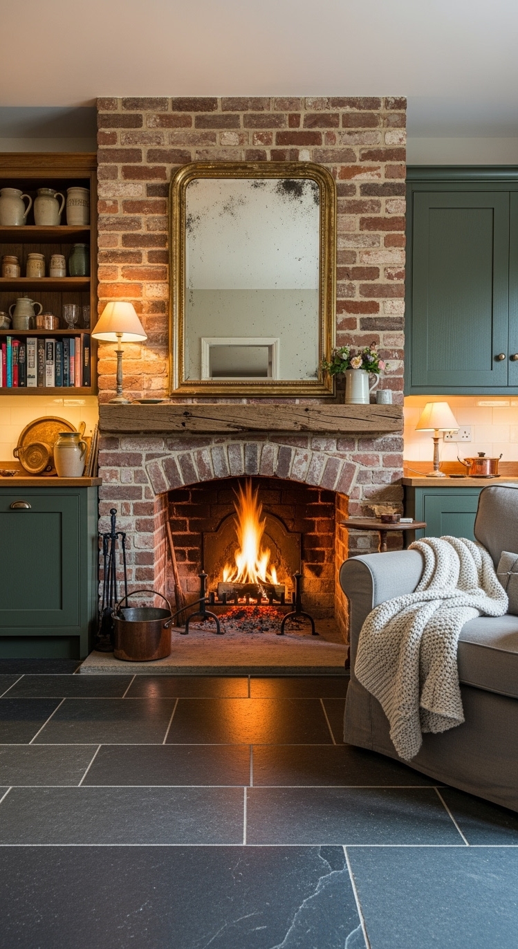 Country Kitchen Design - Country Kitchens: Brick Fireplace Focal Point - Step into this country kitchen and feel the...