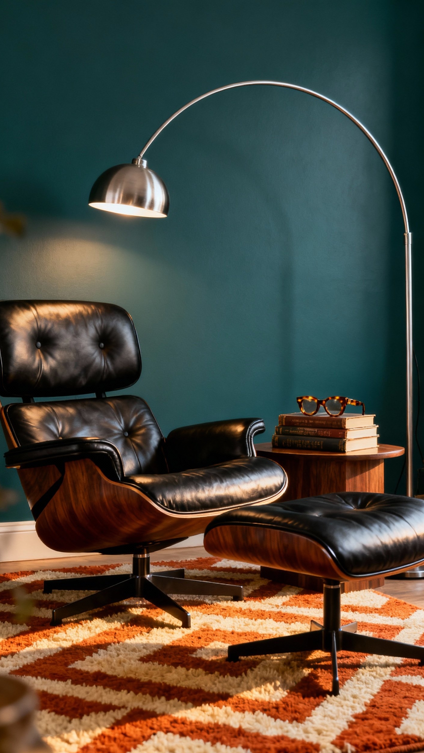 Living Room Inspo - Cozy Mid-Century Reading Nook Ideas - Deep teal walls envelop a reading nook, creating...
