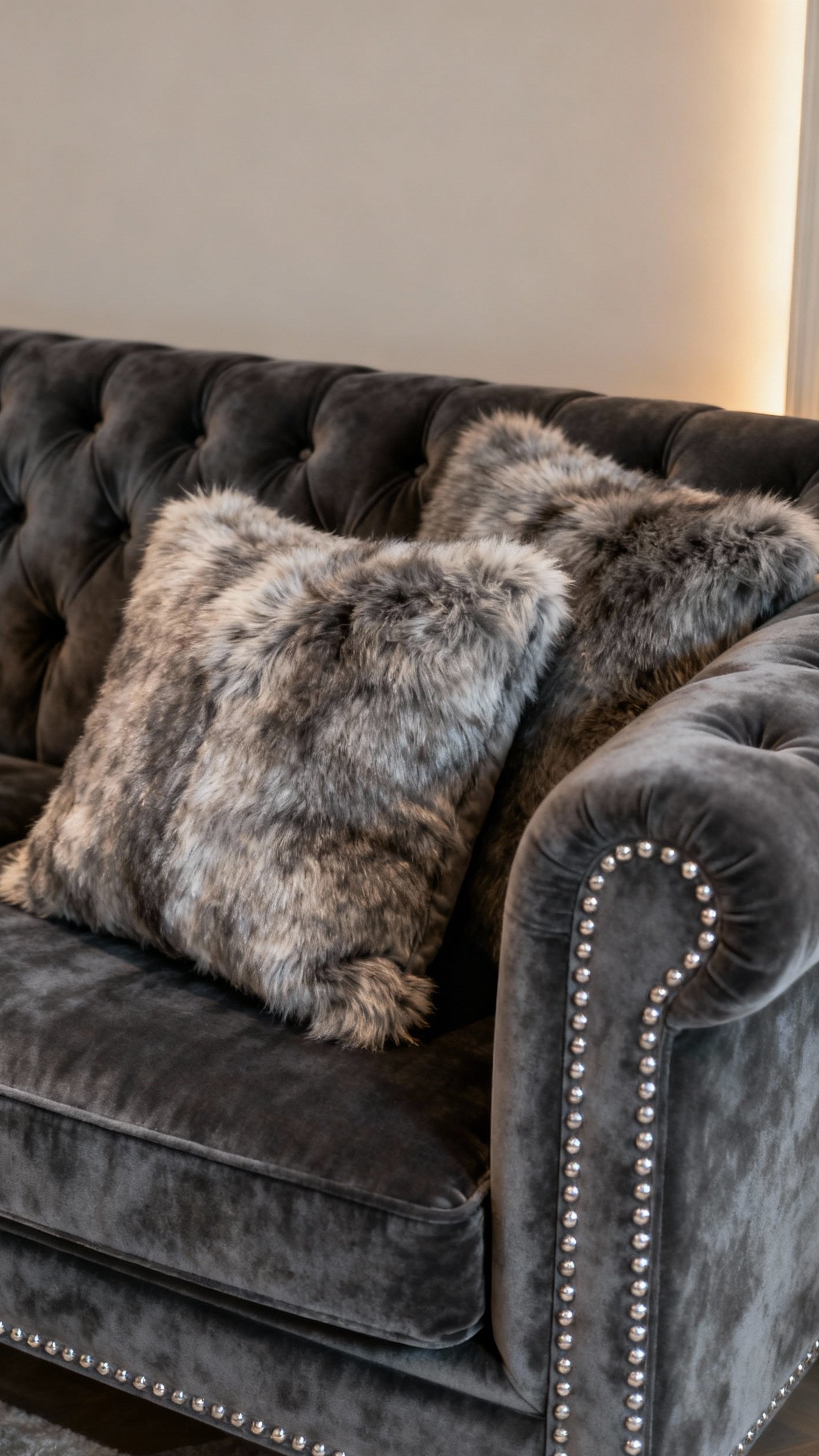 Dark Grey Couch Styling - Dark Grey Couch: Style It Right - Dark Grey Couch Styling - The camera captures a luxurious dark grey velvet...