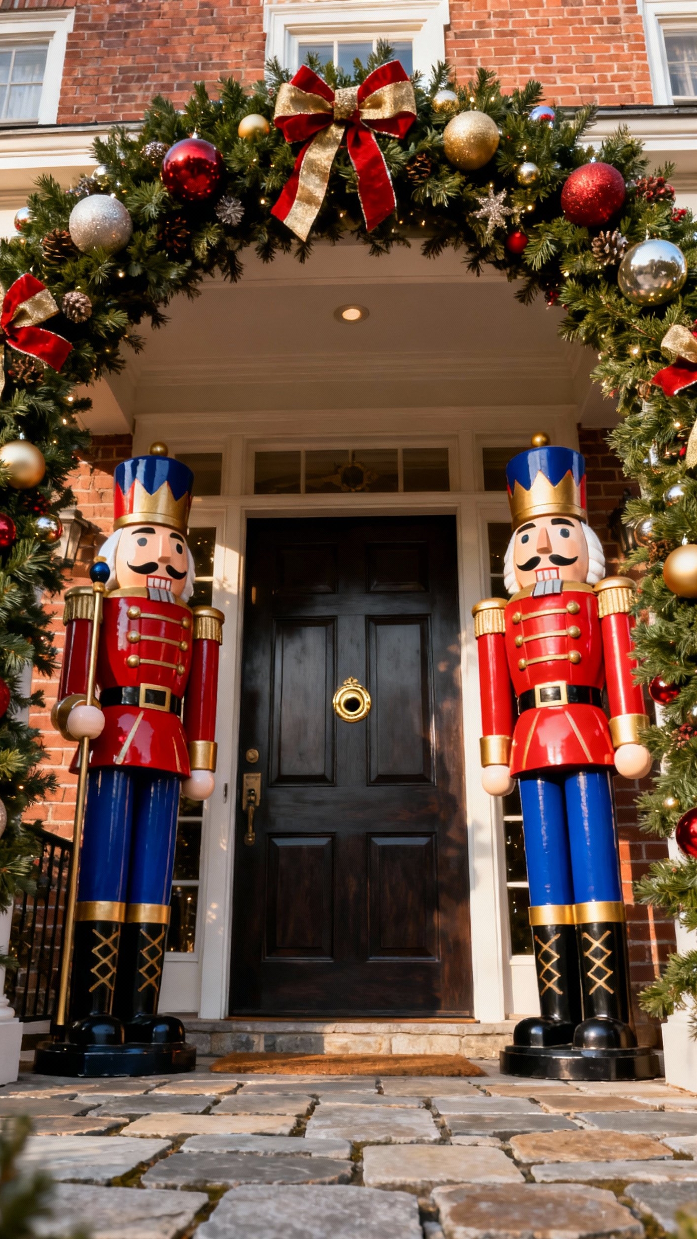 christmas porch decor ideas - Grand Christmas Porch Decor Ideas - Giant nutcrackers stand proudly as sentinels, flanking a...