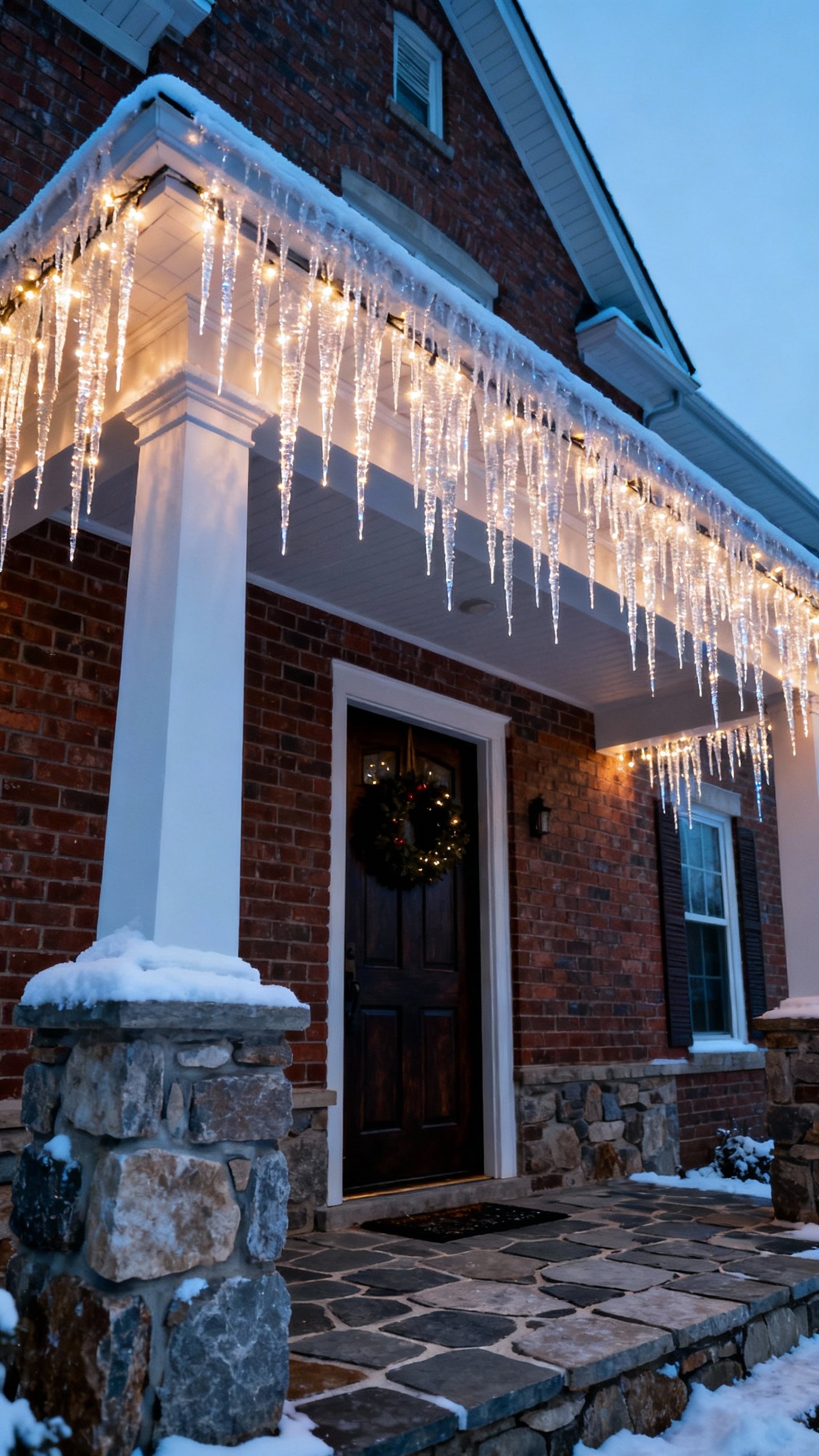 christmas porch decor ideas - Dazzling Christmas Porch Light Displays - Icicle lights transform this stately brick house into...