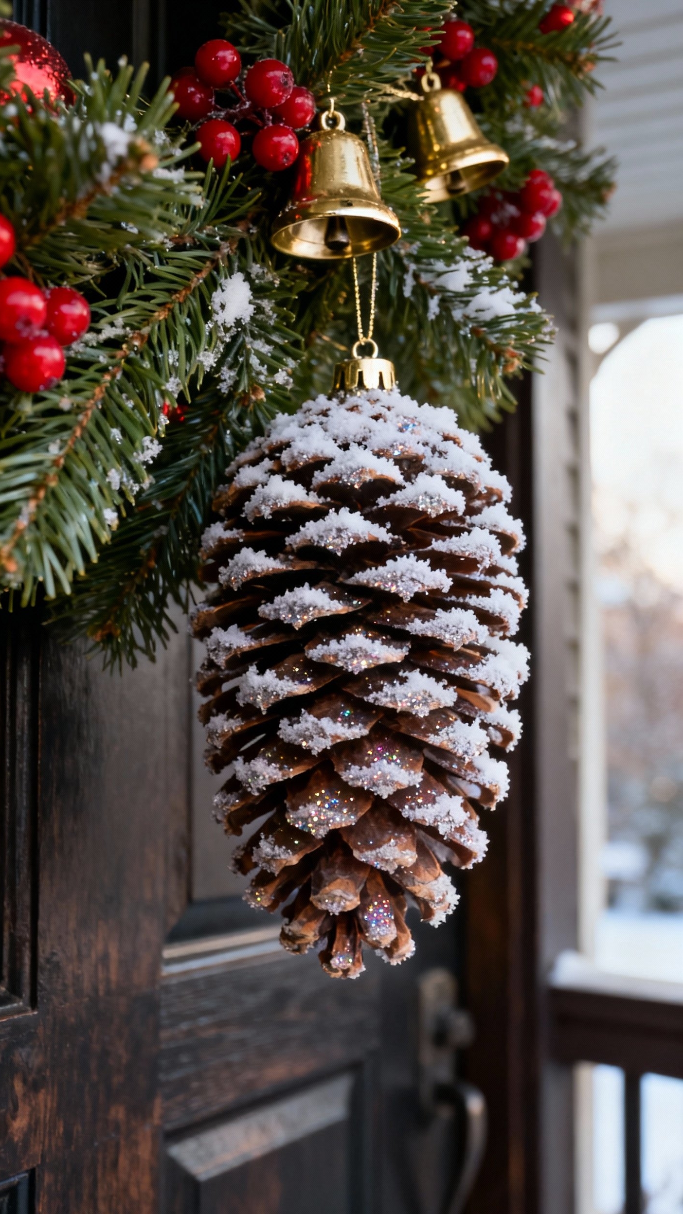 christmas porch decor ideas - Deck the Porch: Festive Christmas Touches - christmas porch decor ideas - A frosted pinecone, dusted with glitter, dangles playfully...