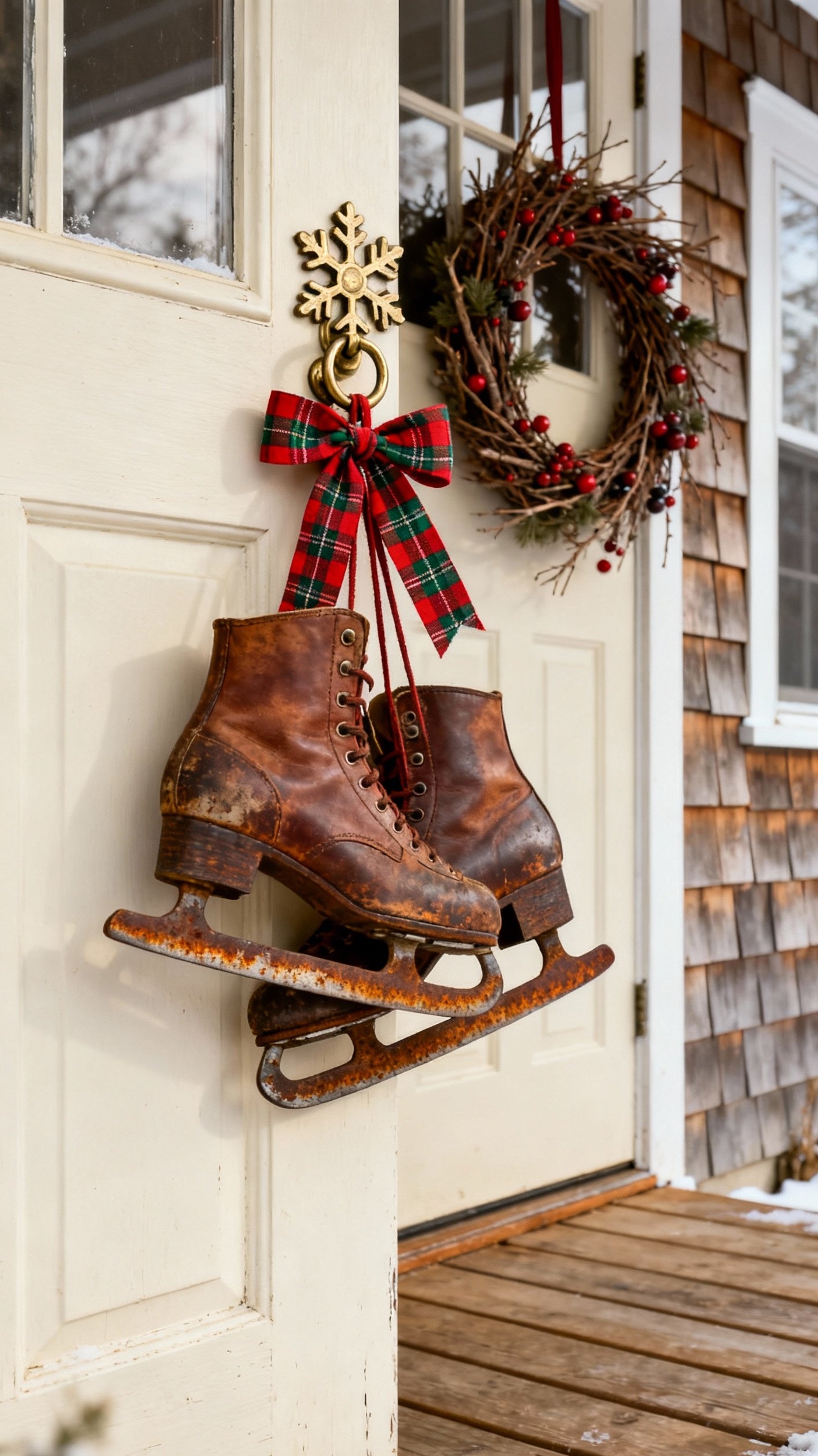 christmas porch decor ideas - Cozy Christmas Porch Decor Ideas - christmas porch decor ideas - Vintage ice skates grace a creamy white front...