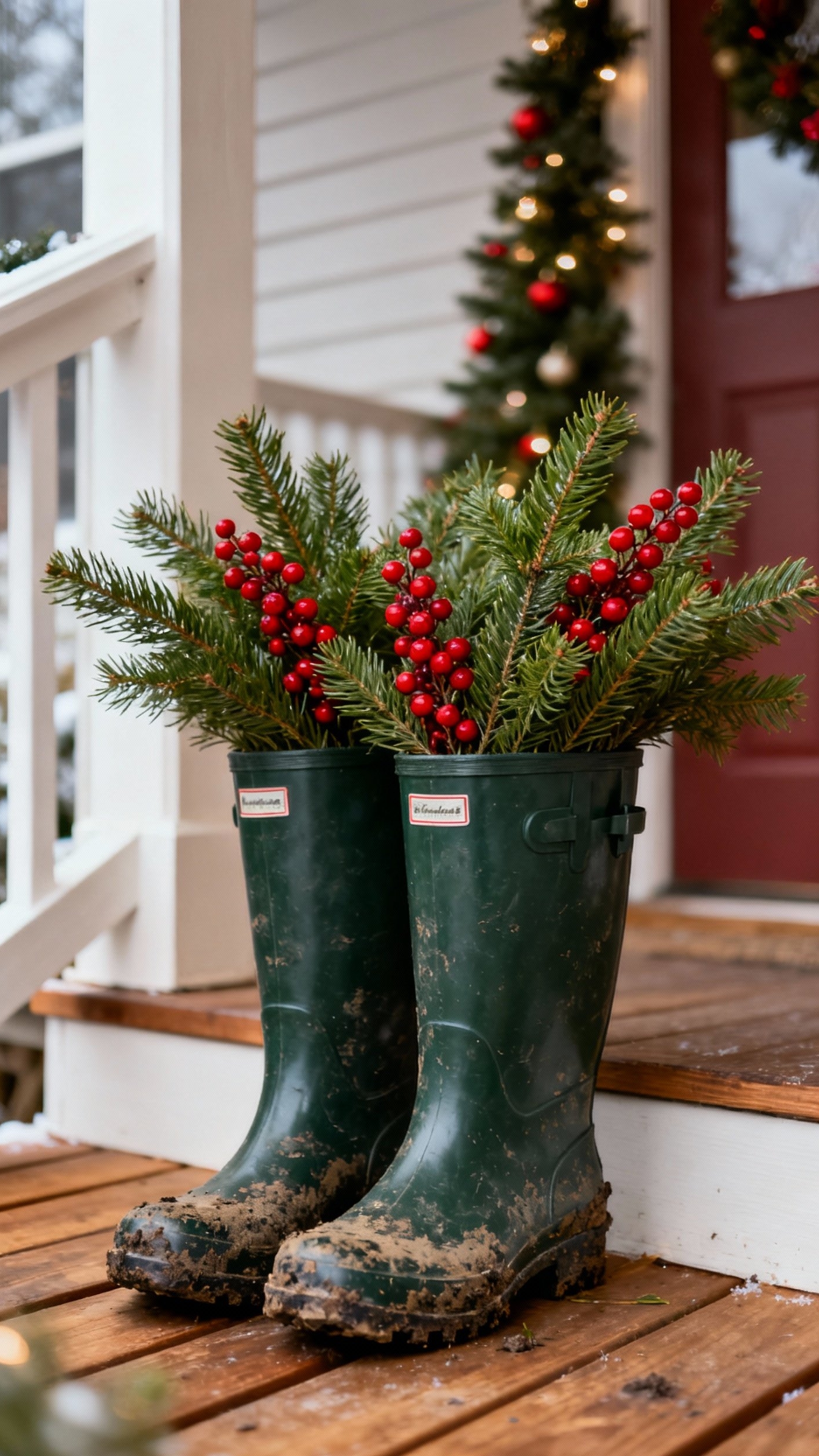 christmas porch decor ideas - Festive Boots: Porch Decor Inspiration - Dark green Wellington boots brimming with fragrant evergreen...