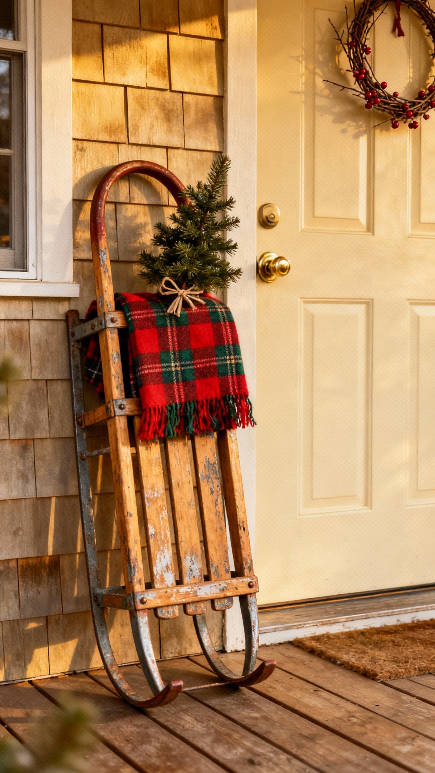 christmas porch decor ideas - Cozy Christmas Porch Decor Ideas - christmas porch decor ideas - A weathered vintage sled leans casually against a...