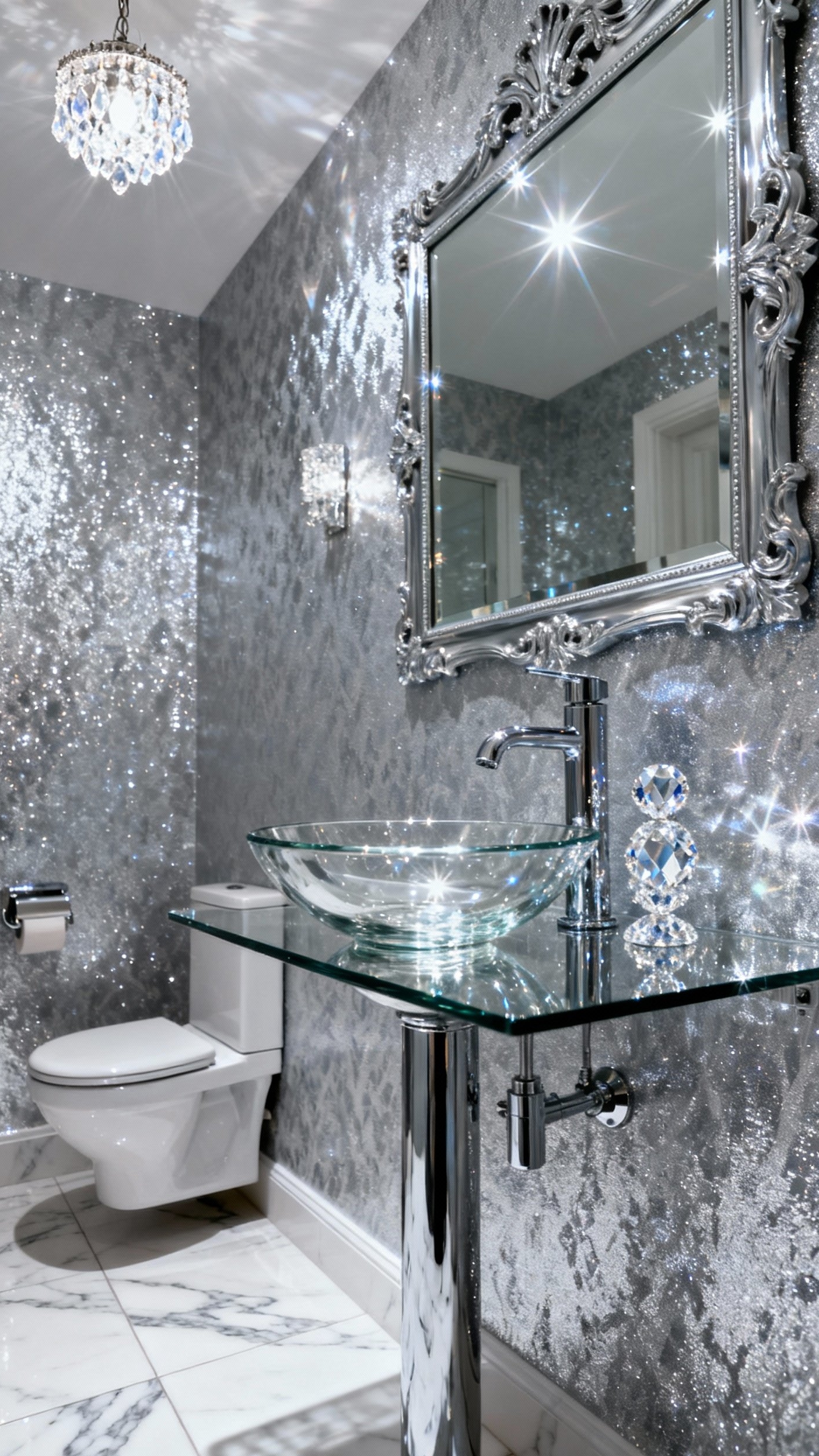 Small Guest Toilet Ideas - Small Guest Toilet: Glamorous Ideas - This guest toilet absolutely sparkles! Shimmering silver wallpaper...
