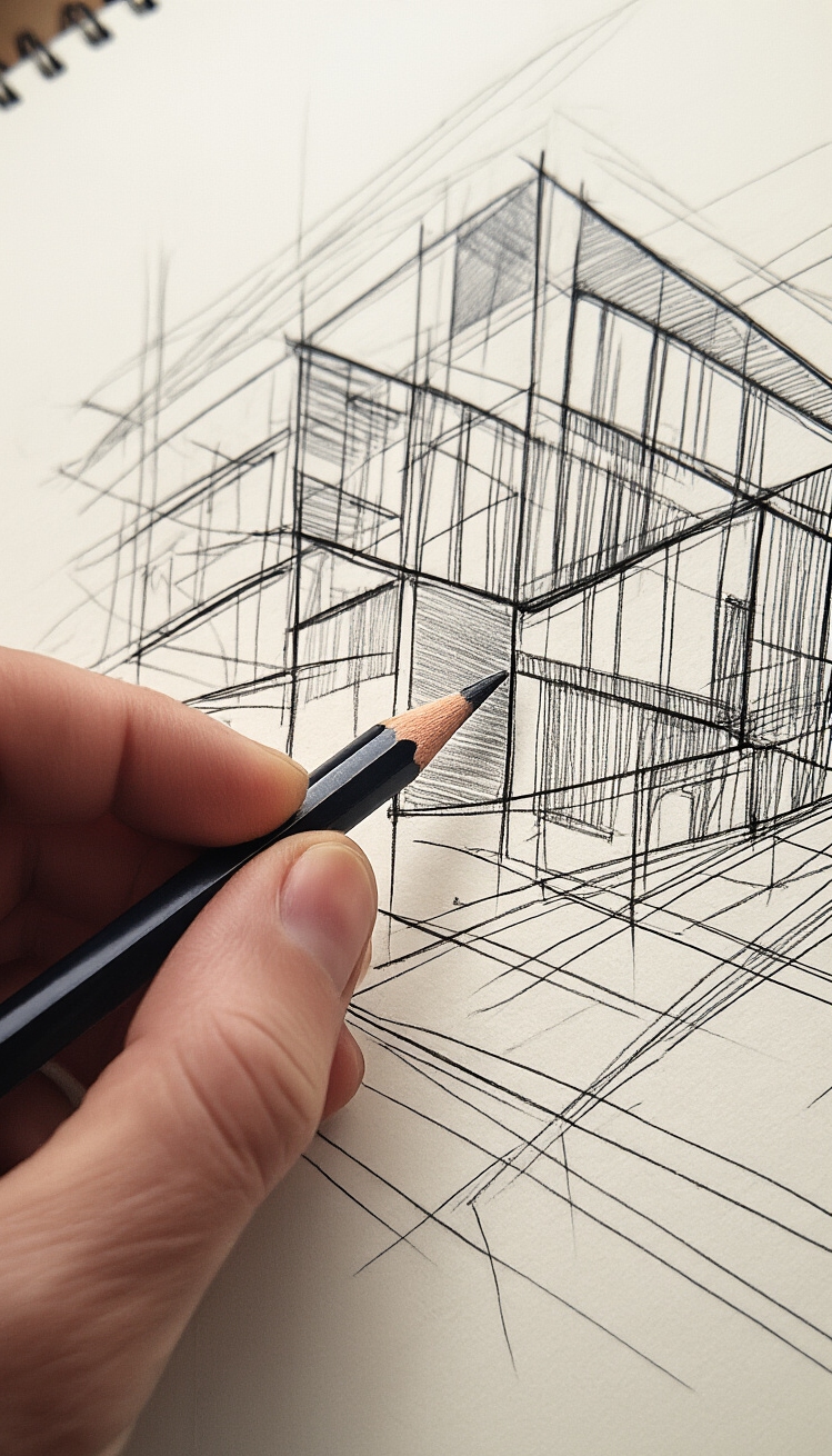 Building Graphic ideas - From Sketch to Structure: Ideas Emerge - A hand dances across the textured page of...