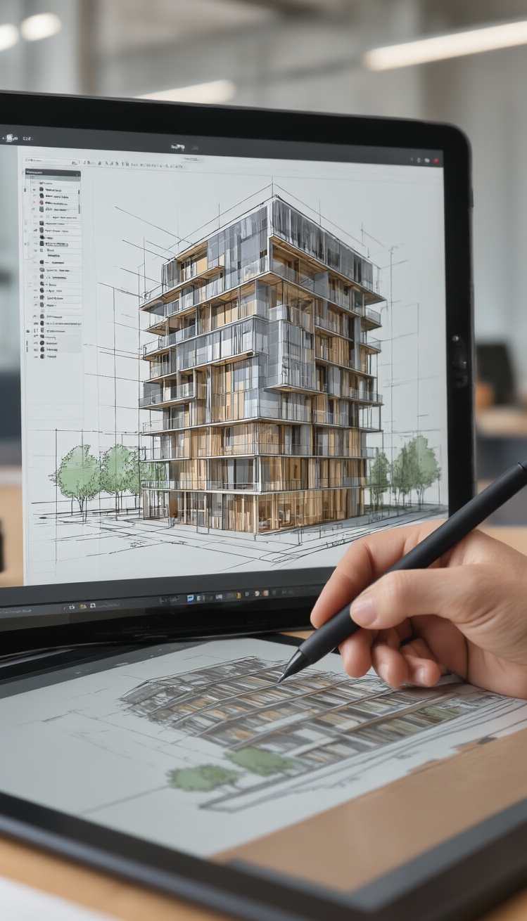 Building Graphic ideas - Digital Blueprints: Building Ideas Visually - A hand deftly guides a digital pen across...