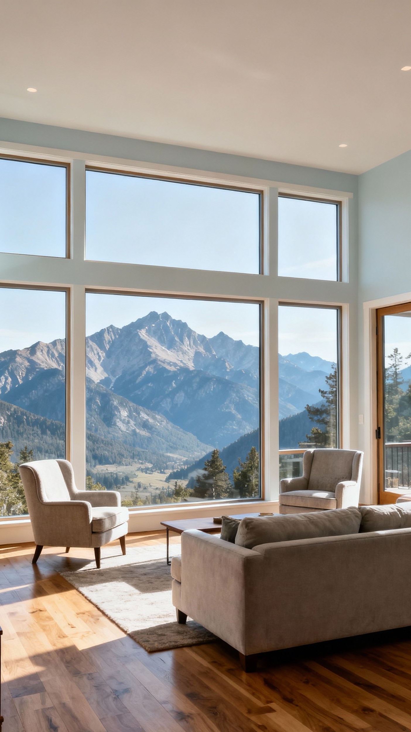 Living Room Inspo - Living Room Views That Inspire - Sunlight floods this living room through expansive, floor-to-ceiling...